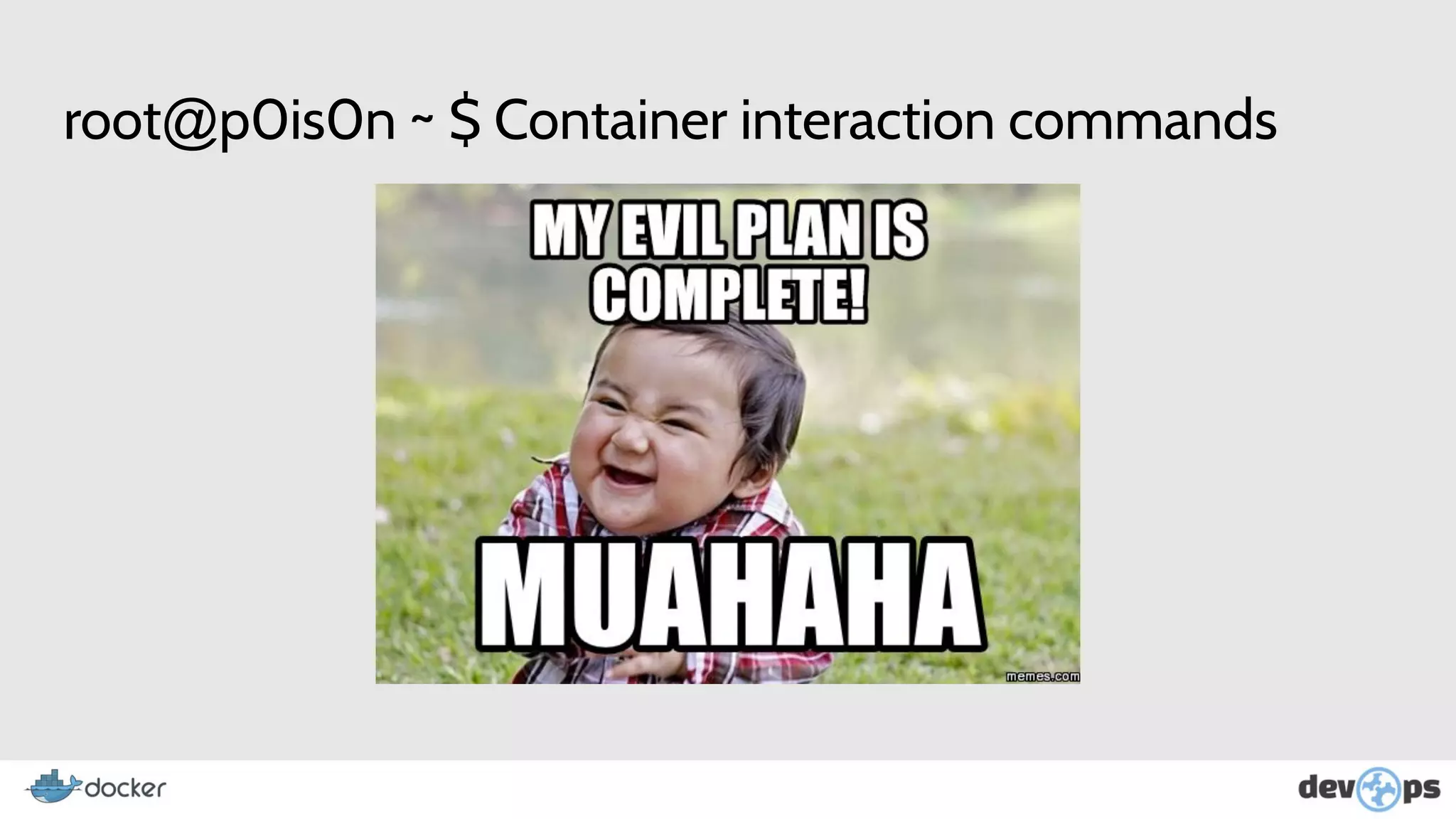 root@p0is0n ~ $ Container interaction commands
 