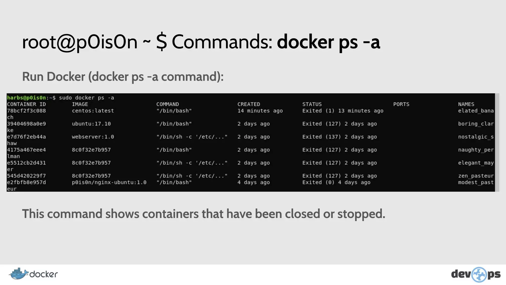 root@p0is0n ~ $ Commands: docker ps -a
Run Docker (docker ps -a command):
This command shows containers that have been closed or stopped.
 