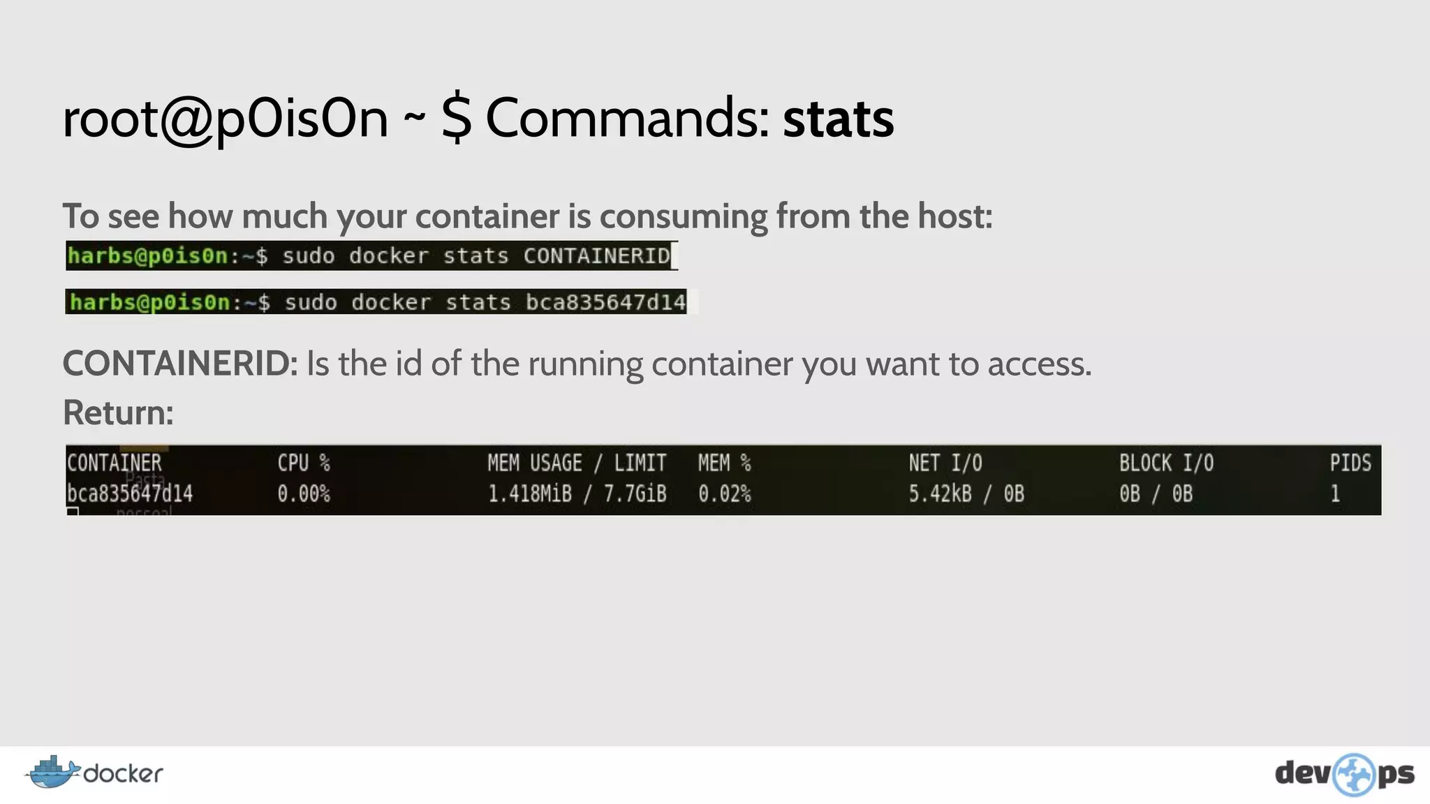 root@p0is0n ~ $ Commands: stats
To see how much your container is consuming from the host:
CONTAINERID: Is the id of the running container you want to access.
Return:
 