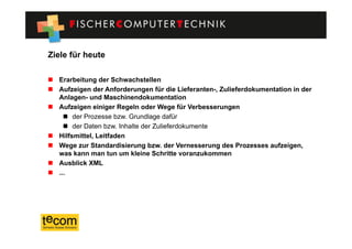 Ziele für heute

  Erarbeitung der Schwachstellen
  Aufzeigen der Anforderungen für die Lieferanten-, Zulieferdokumentation in der
   Anlagen- und Maschinendokumentation
  Aufzeigen einiger Regeln oder Wege für Verbesserungen
       der Prozesse bzw. Grundlage dafür
       der Daten bzw. Inhalte der Zulieferdokumente
  Hilfsmittel, Leitfaden
  Wege zur Standardisierung bzw. der Vernesserung des Prozesses aufzeigen,
   was kann man tun um kleine Schritte voranzukommen
  Ausblick XML
  ...
 