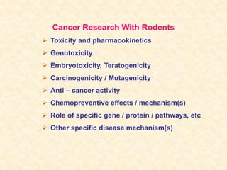 Cancer Research With Rodents
 Toxicity and pharmacokinetics
 Genotoxicity
 Embryotoxicity, Teratogenicity
 Carcinogenicity / Mutagenicity
 Anti – cancer activity
 Chemopreventive effects / mechanism(s)
 Role of specific gene / protein / pathways, etc
 Other specific disease mechanism(s)
 