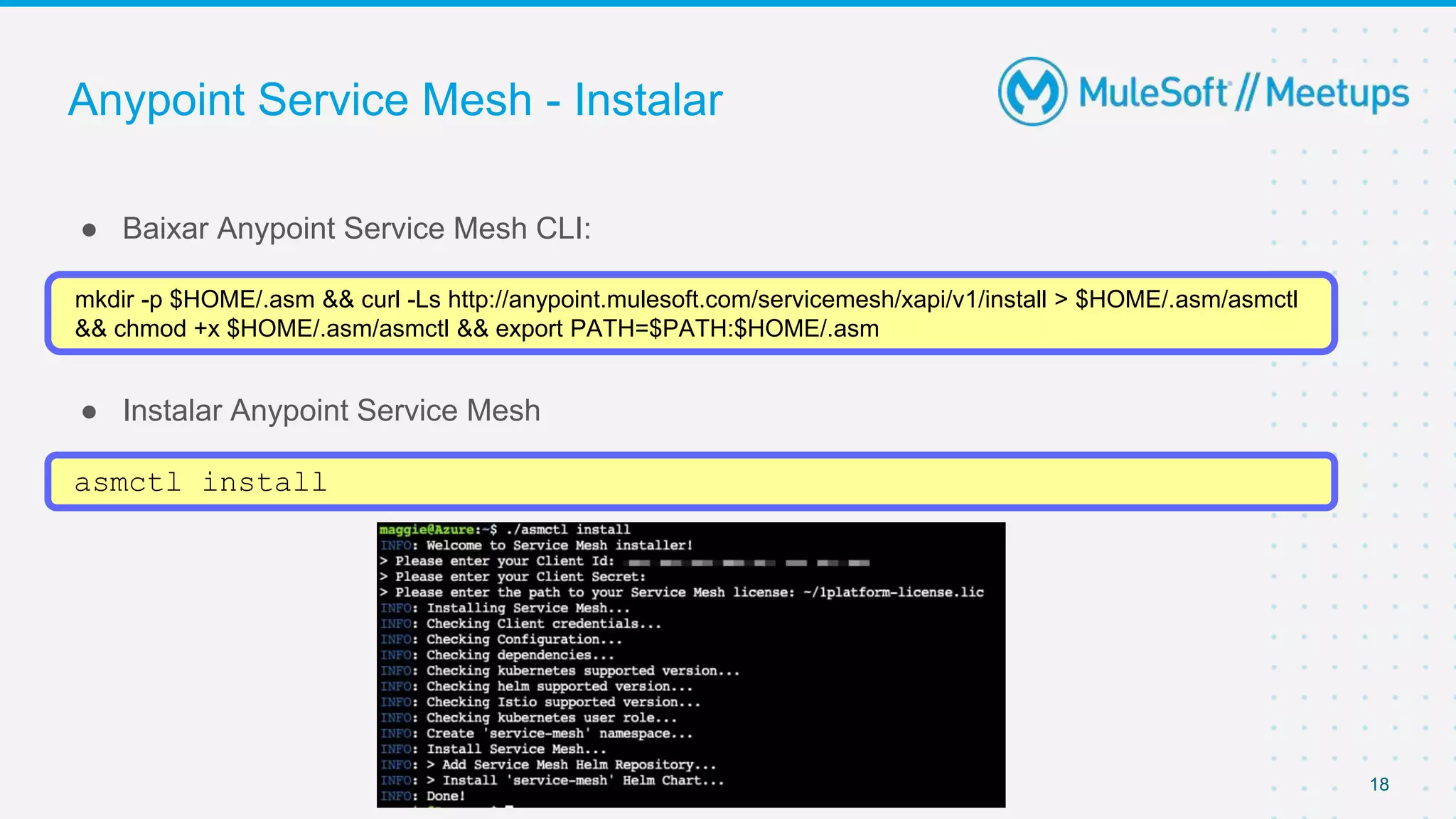 Anypoint Service Mesh - Instalar
● Baixar Anypoint Service Mesh CLI:
● Instalar Anypoint Service Mesh
18
mkdir -p $HOME/.asm && curl -Ls http://anypoint.mulesoft.com/servicemesh/xapi/v1/install > $HOME/.asm/asmctl
&& chmod +x $HOME/.asm/asmctl && export PATH=$PATH:$HOME/.asm
asmctl install
 