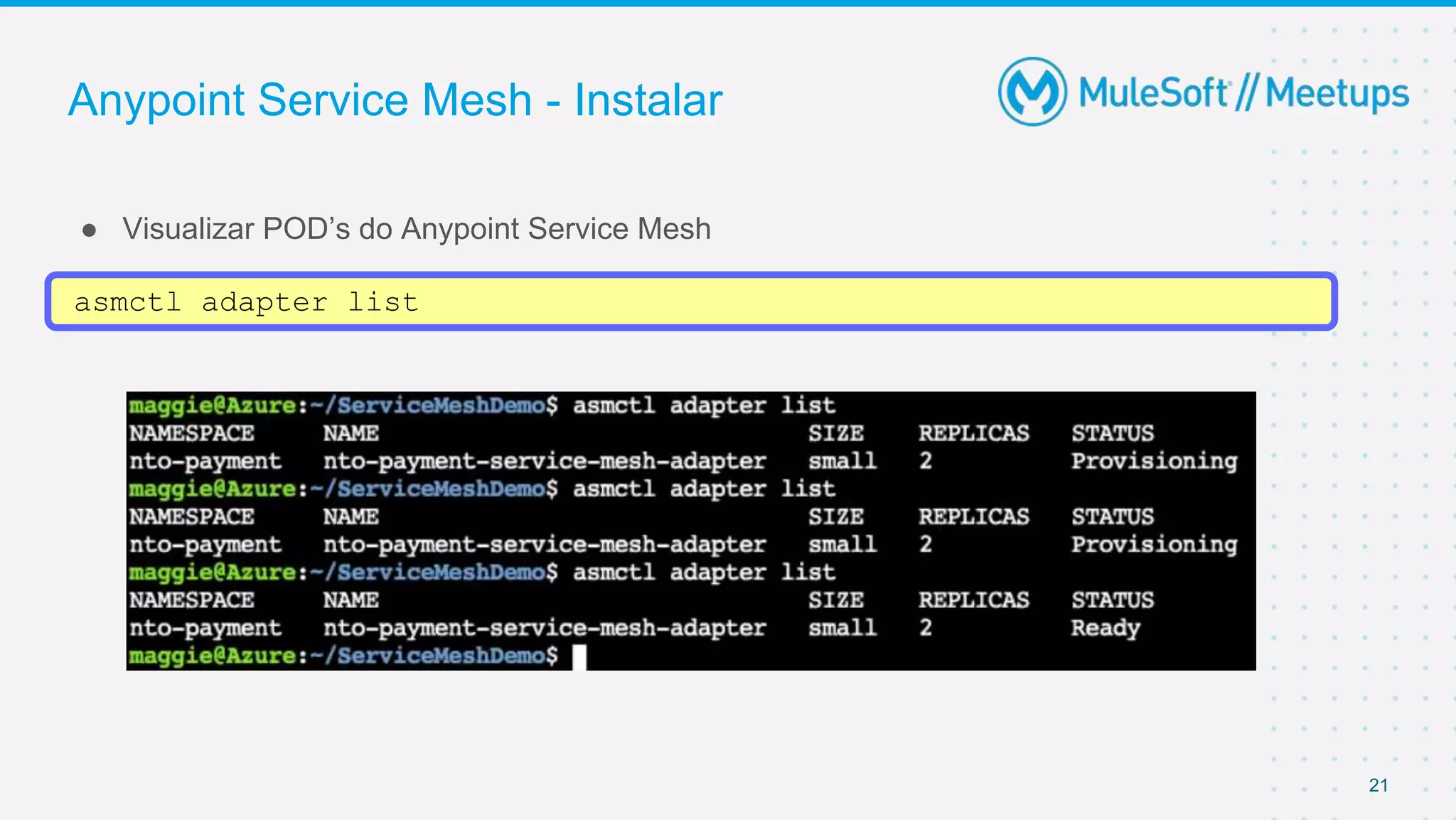 Anypoint Service Mesh - Instalar
● Visualizar POD’s do Anypoint Service Mesh
21
asmctl adapter list
 