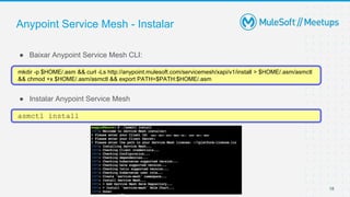 Anypoint Service Mesh - Instalar
● Baixar Anypoint Service Mesh CLI:
● Instalar Anypoint Service Mesh
18
mkdir -p $HOME/.asm && curl -Ls http://anypoint.mulesoft.com/servicemesh/xapi/v1/install > $HOME/.asm/asmctl
&& chmod +x $HOME/.asm/asmctl && export PATH=$PATH:$HOME/.asm
asmctl install
 