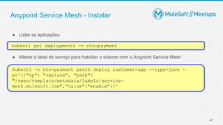 Anypoint Service Mesh - Instalar
● Listar as aplicações
● Alterar a label do serviço para habilitar o sidecar com o Anypoint Service Mesh
22
kubectl get deployments -n nto-payment
kubectl -n nto-payment patch deploy customer-app --type=json -
p='[{"op": "replace", "path":
"/spec/template/metadata/labels/service-
mesh.mulesoft.com","value":"enable"}]'
 