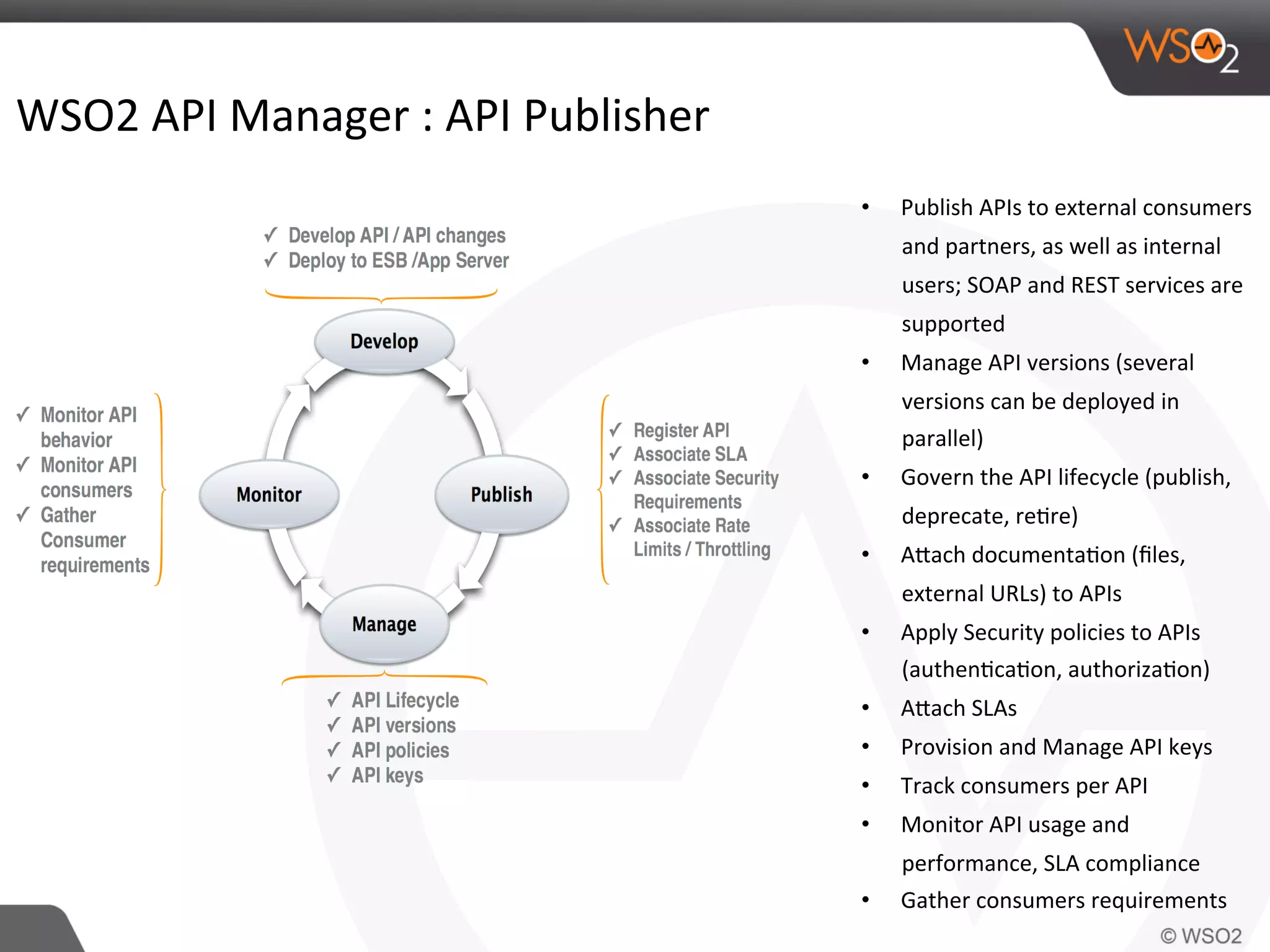  	
  
•  Publish	
  APIs	
  to	
  external	
  consumers	
  
and	
  partners,	
  as	
  well	
  as	
  internal	
  
users;	
  SOAP	
  and	
  REST	
  services	
  are	
  
supported	
  
•  Manage	
  API	
  versions	
  (several	
  
versions	
  can	
  be	
  deployed	
  in	
  
parallel)	
  
•  Govern	
  the	
  API	
  lifecycle	
  (publish,	
  
deprecate,	
  re0re)	
  
•  ATach	
  documenta0on	
  (ﬁles,	
  
external	
  URLs)	
  to	
  APIs	
  
•  Apply	
  Security	
  policies	
  to	
  APIs	
  
(authen0ca0on,	
  authoriza0on)	
  
•  ATach	
  SLAs	
  
•  Provision	
  and	
  Manage	
  API	
  keys	
  
•  Track	
  consumers	
  per	
  API	
  
•  Monitor	
  API	
  usage	
  and	
  
performance,	
  SLA	
  compliance	
  
•  Gather	
  consumers	
  requirements	
  
WSO2	
  API	
  Manager	
  :	
  API	
  Publisher	
  
 