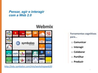 7
Pensar, agir e interagir
com a Web 2.0
o Comunicar
o Interagir
o Colaborar
o Partilhar
o Produzir
Ferramentas cognitivas
para…
http://edu.symbaloo.com/mix/workshopweb20
 