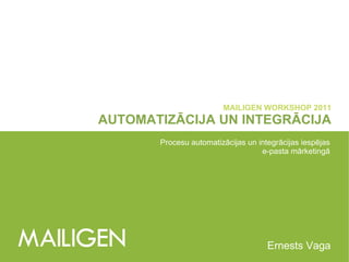 MAILIGEN WORKSHOP 2011
AUTOMATIZĀCIJA UN INTEGRĀCIJA
       Procesu automatizācijas un integrācijas iespējas
                                   e-pasta mārketingā




                                     Ernests Vaga
 