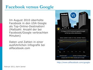 Facebook versus Google http://www.allfacebook.com/google-vs-facebook-2010-09   Im August 2010 überholte Facebook in den USA Google als Top-Online-Destination! (Maßzahl: Anzahl der bei Facebook/Google verbrachten Minuten) Daten und Zahlen in einer ausführlichen Infografik bei allfacebook.com 