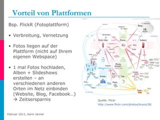 Vorteil von Plattformen Quelle: Flickr  http://www.flickr.com/photos/bryce/58299511/sizes/o/#   Bsp. FlickR (Fotoplattform) Verbreitung, Vernetzung Fotos liegen auf der Plattform (nicht auf Ihrem eigenen Webspace) 1 mal Fotos hochladen, Alben + Slideshows erstellen – an verschiedenen anderen Orten im Netz einbinden (Website, Blog, Facebook…)    Zeitsersparnis  