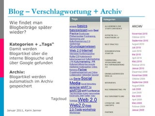 Blog – Verschlagwortung + Archiv Wie findet man Blogbeiträge später wieder? Tagcloud Kategorien + „Tags“  Damit werden Blogartikel über die interne Blogsuche und über Google gefunden Archiv: Blogartikel werden automatisch im Archiv gespeichert 