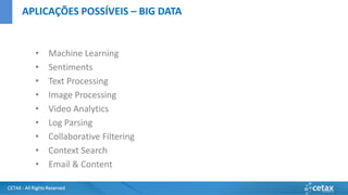 CETAX - All Rights Reserved
• Machine Learning
• Sentiments
• Text Processing
• Image Processing
• Video Analytics
• Log Parsing
• Collaborative Filtering
• Context Search
• Email & Content
APLICAÇÕES POSSÍVEIS – BIG DATA
 