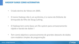 CETAX - All Rights Reserved
• Criado dentro do Yahoo em 2005.
• O nome Hadoop não é um acrônimo, é o nome do Elefante de
brinquedo do filho de Doug Cutting.
• O Hadoop tem como base um file system para armazenamento
rápido e barato de dados !
• Tem como objetivo o processamento de grandes datasets de dados
com modelos simples de programação
HADOOP SURGE COMO ALTERNATIVA
 
