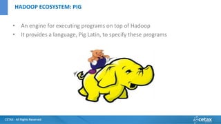 CETAX - All Rights Reserved
• An engine for executing programs on top of Hadoop
• It provides a language, Pig Latin, to specify these programs
HADOOP ECOSYSTEM: PIG
 