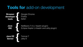 Tools for add-on development
Browser
developer
tools
Java
IDE

Java EE
Server

Google Chrome
Firefox
Safari

NetBeans 7.4 (+ Vaadin plugin)
Eclipse Kepler (+Vaadin and Jetty plugin)

Tomcat 7
Jetty 8

 