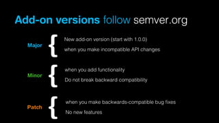 Add-on versions follow semver.org
New add-on version (start with 1.0.0)

Major

when you make incompatible API changes

when you add functionality

Minor

Patch

Do not break backward compatibility

when you make backwards-compatible bug ﬁxes
No new features

 