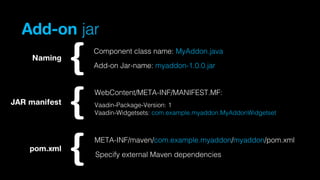 Add-on jar
Naming

Component class name: MyAddon.java
Add-on Jar-name: myaddon-1.0.0.jar

WebContent/META-INF/MANIFEST.MF:

JAR manifest

Vaadin-Package-Version: 1
Vaadin-Widgetsets: com.example.myaddon.MyAddonWidgetset

META-INF/maven/com.example.myaddon/myaddon/pom.xml

pom.xml

Specify external Maven dependencies

 