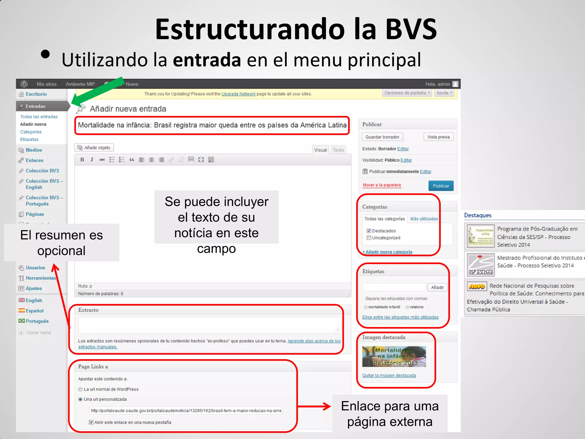 Estructurando la BVS 
•Utilizando la entrada en el menu principal 
Enlace para uma página externa 
El resumen es opcional 
Se puede incluyer el texto de su notícia en este campo  