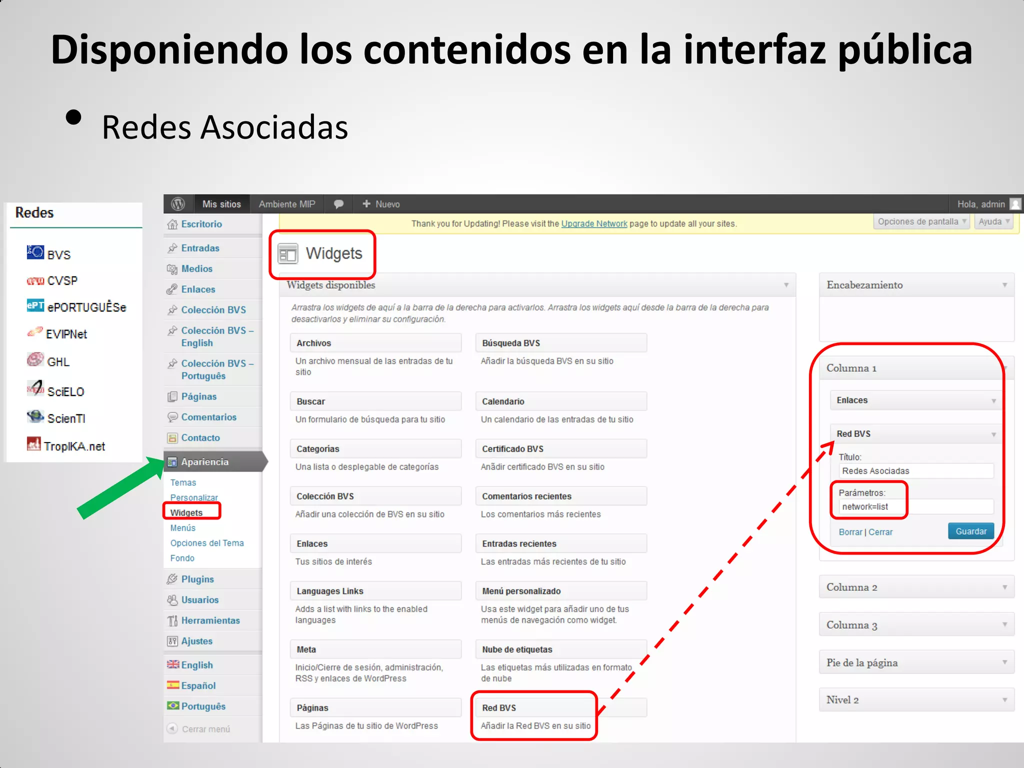 •Redes Asociadas 
Disponiendo los contenidos en la interfaz pública  