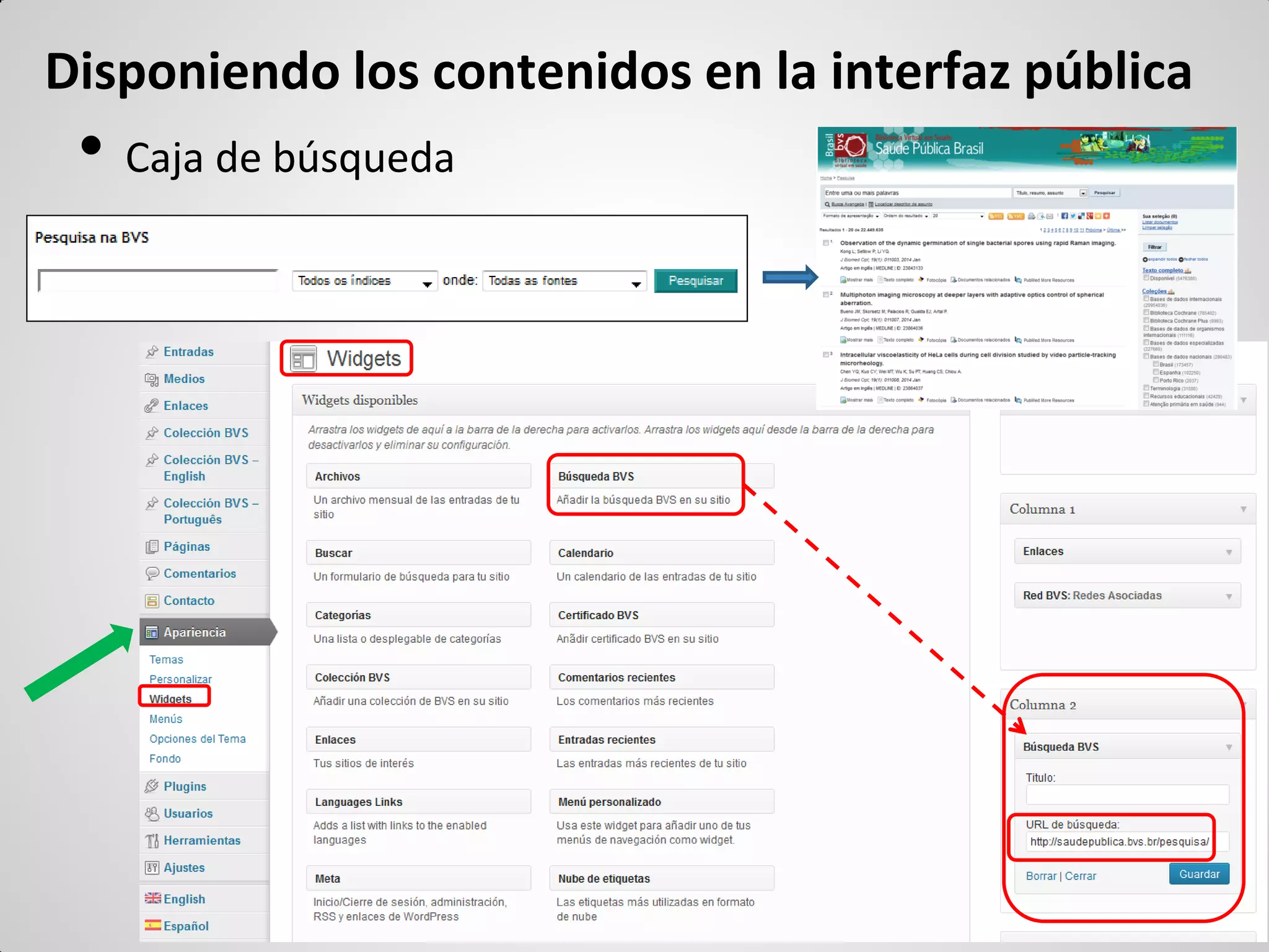 •Caja de búsqueda 
Disponiendo los contenidos en la interfaz pública  
