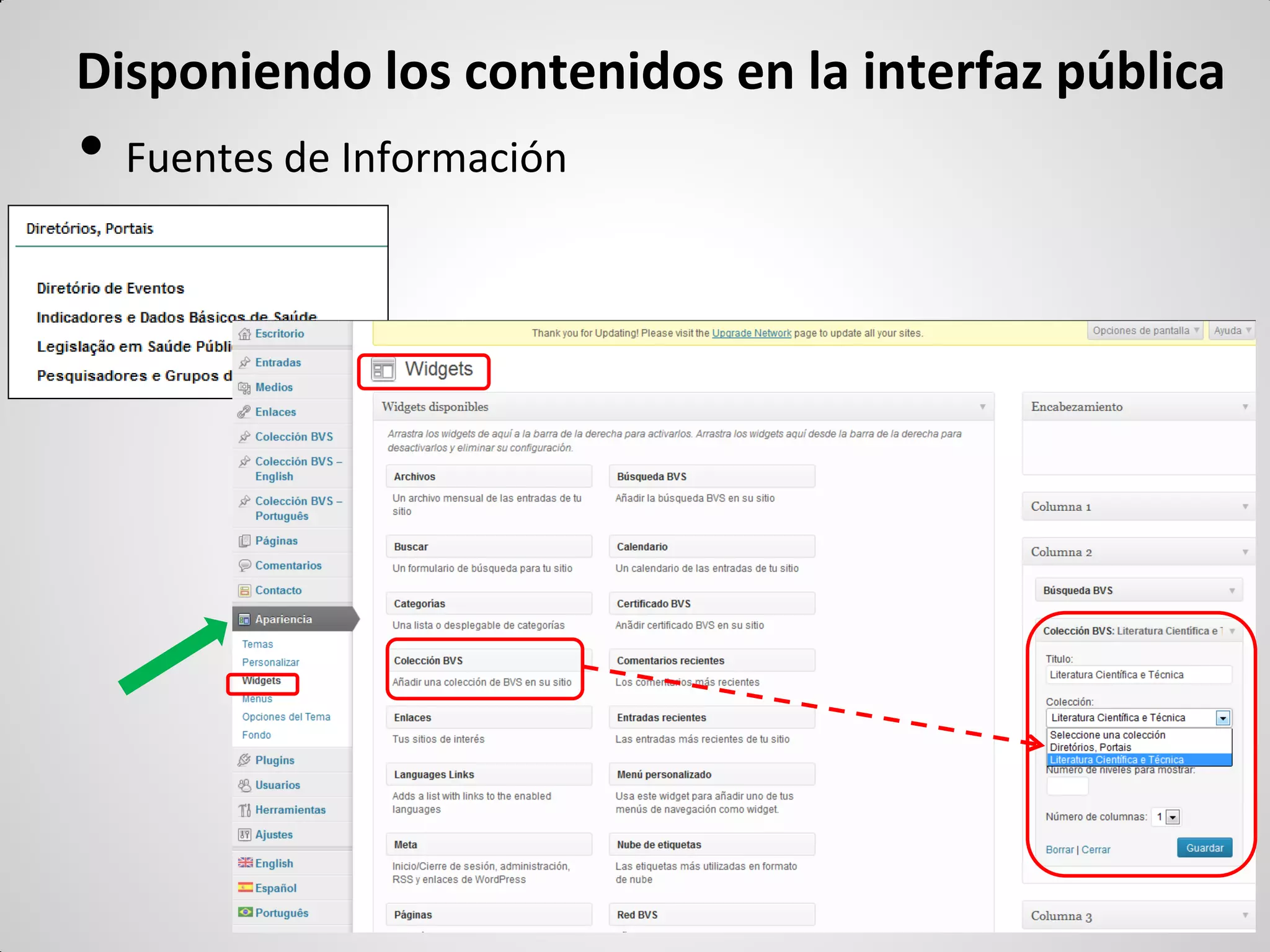 •Fuentes de Información 
Disponiendo los contenidos en la interfaz pública  