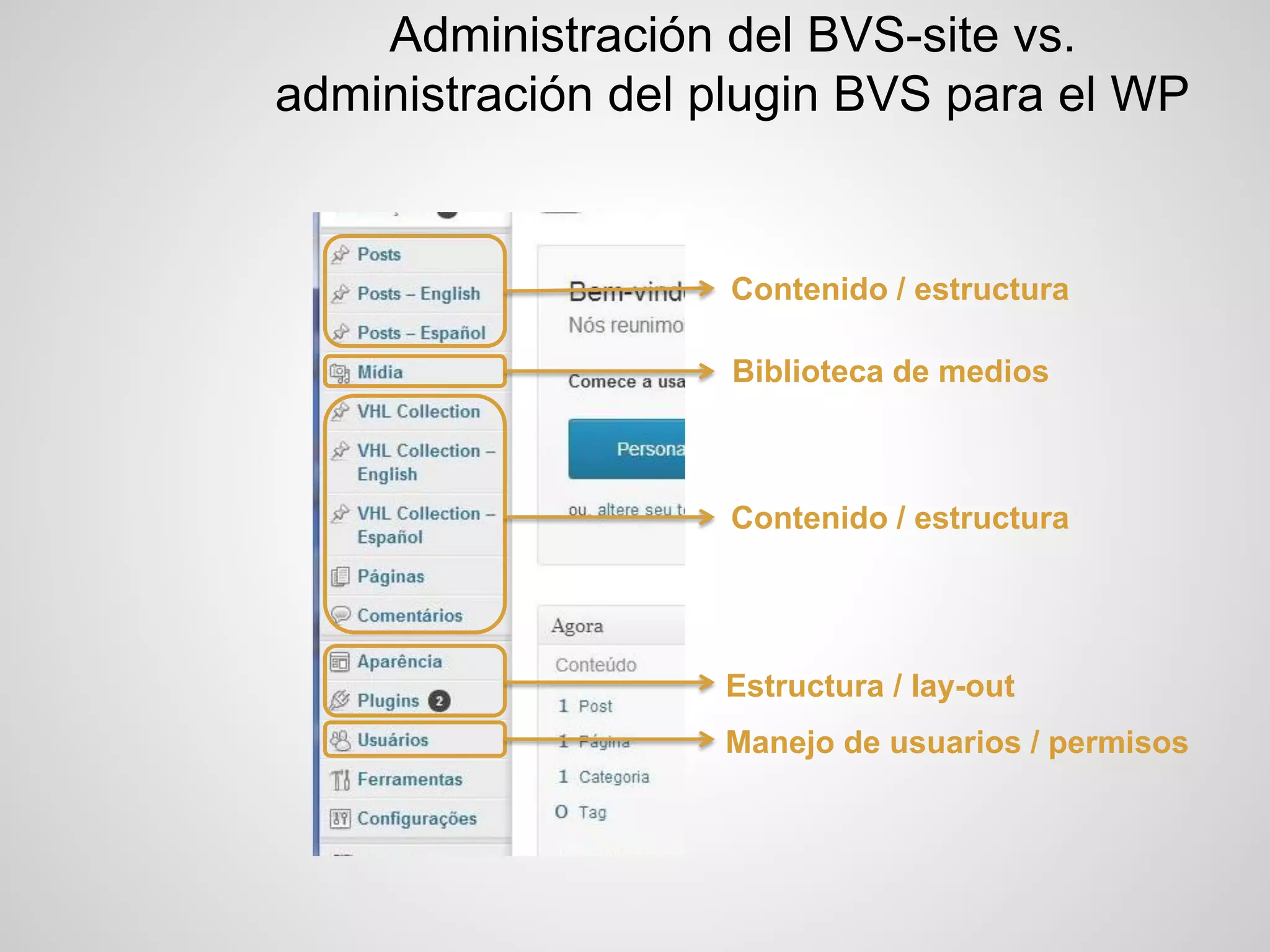 Administración del BVS-site vs. administración del plugin BVS para el WP 
Contenido / estructura 
Biblioteca de medios 
Contenido / estructura 
Estructura / lay-out 
Manejo de usuarios / permisos  