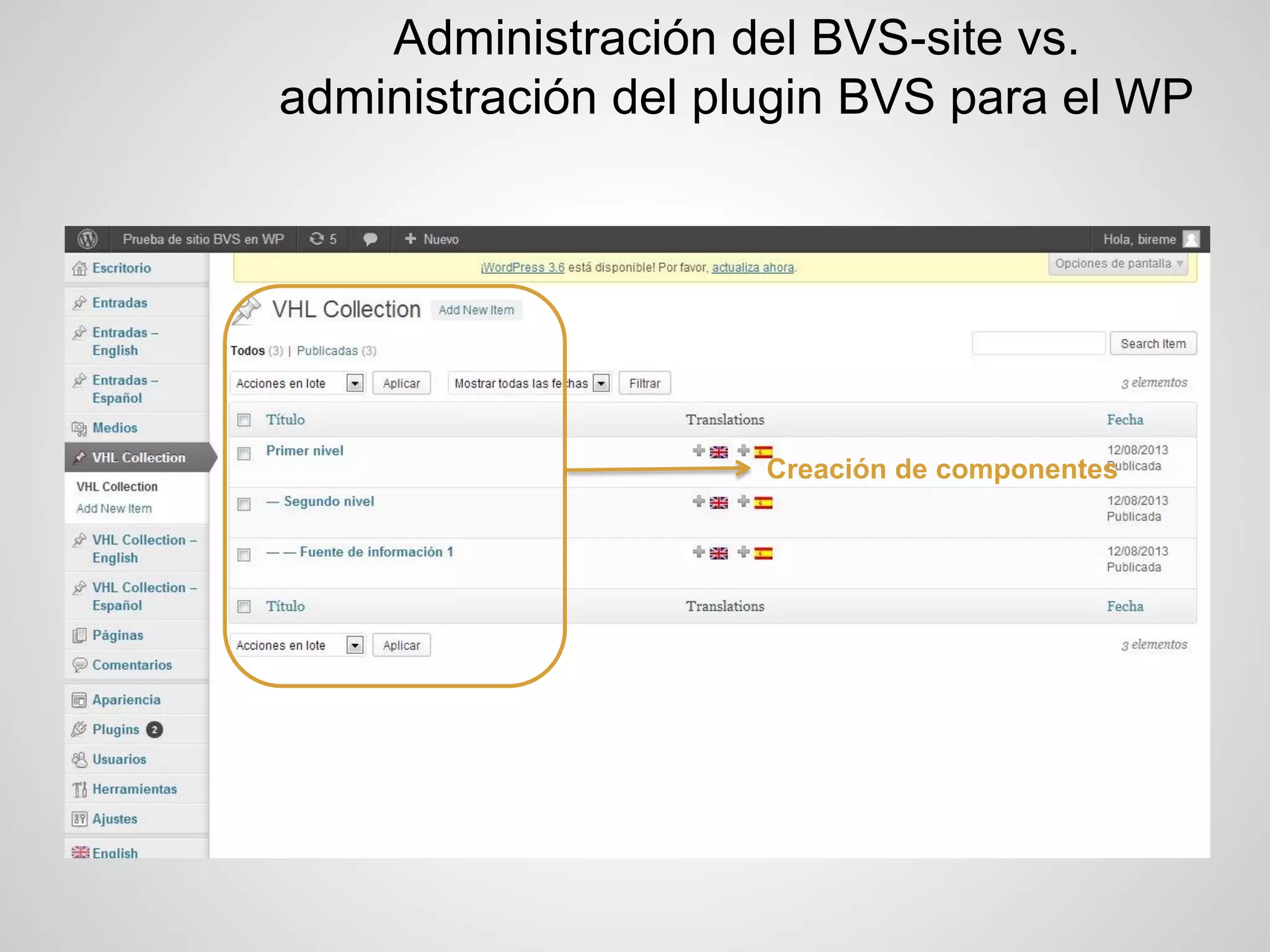 Administración del BVS-site vs. administración del plugin BVS para el WP 
Creación de componentes  