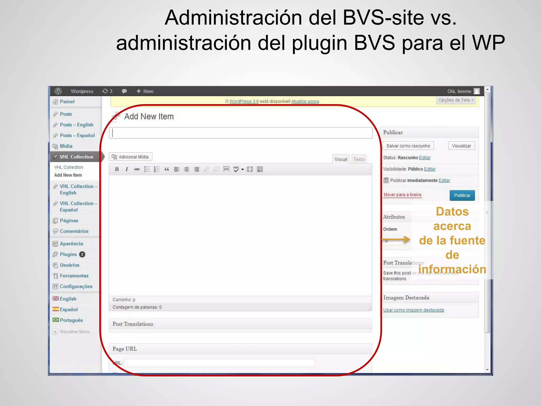 Administración del BVS-site vs. administración del plugin BVS para el WP 
Datos acerca de la fuente de información  