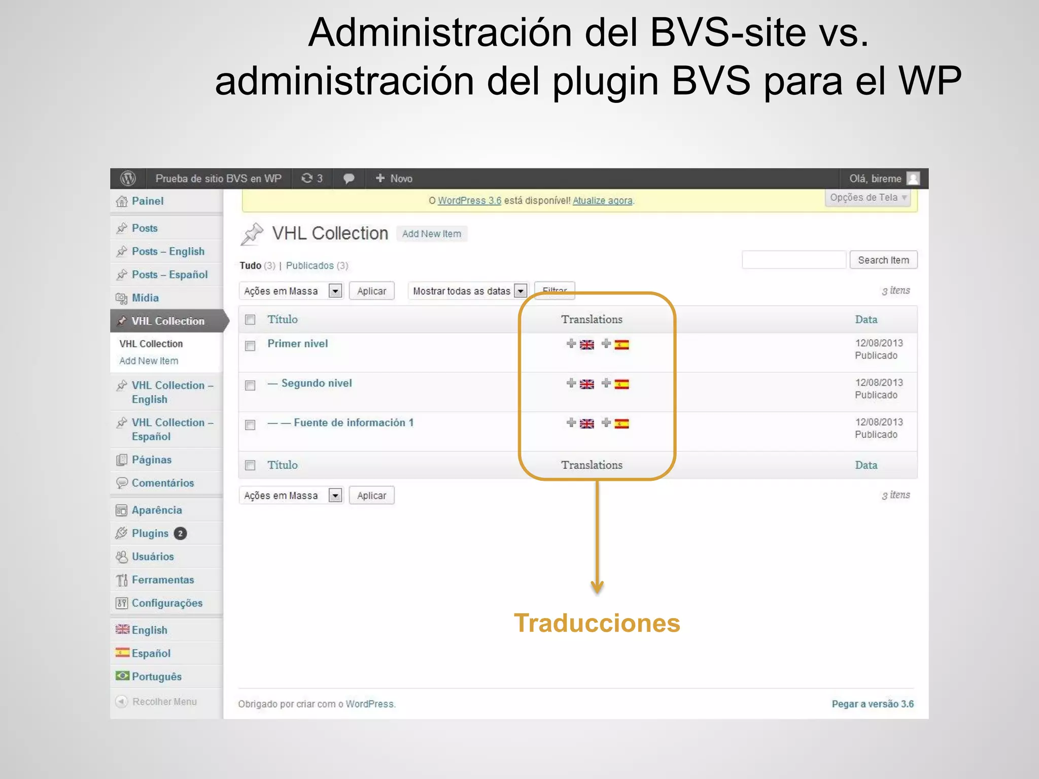 Administración del BVS-site vs. administración del plugin BVS para el WP 
Traducciones  