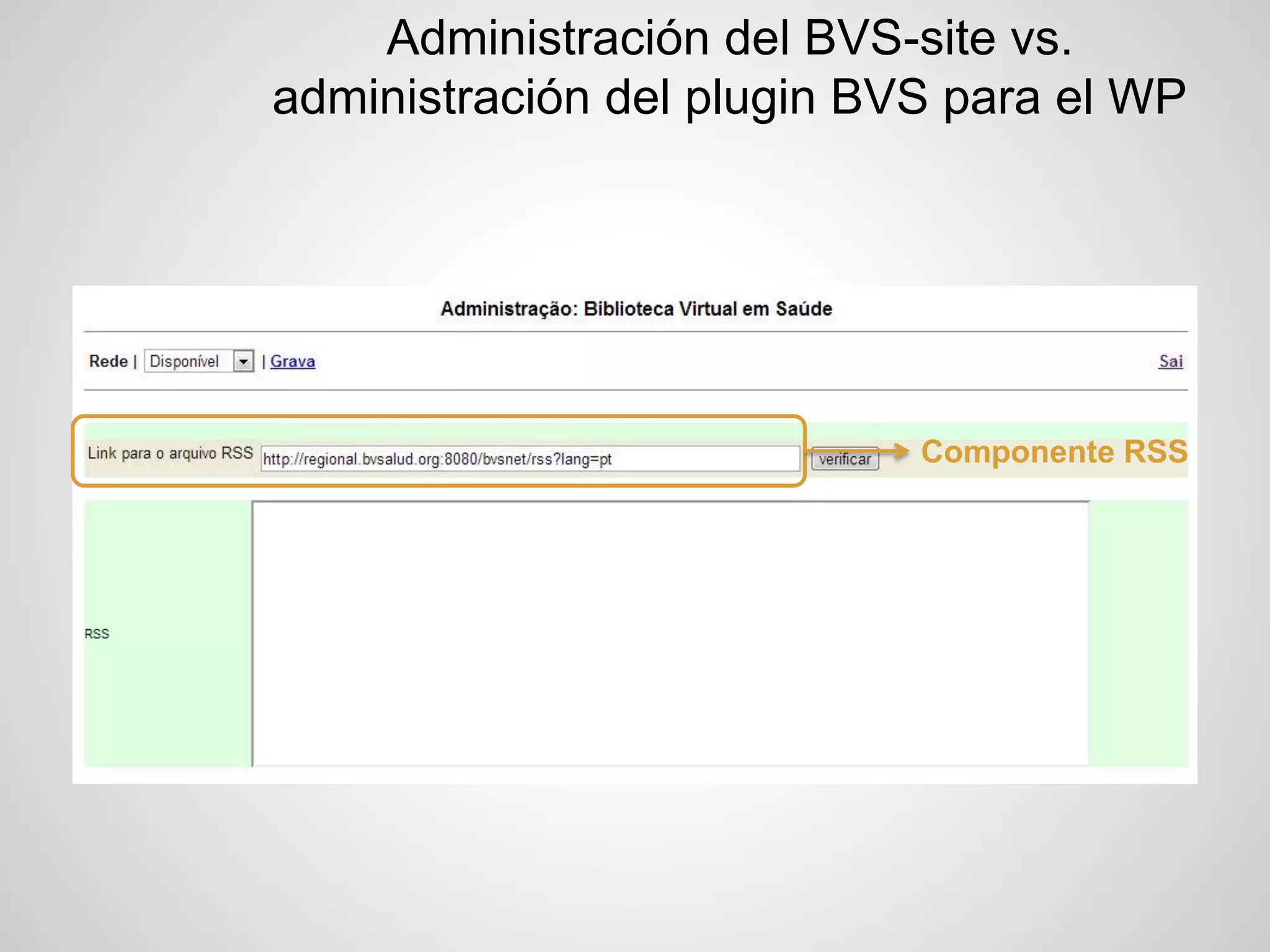 Administración del BVS-site vs. administración del plugin BVS para el WP 
Componente RSS  