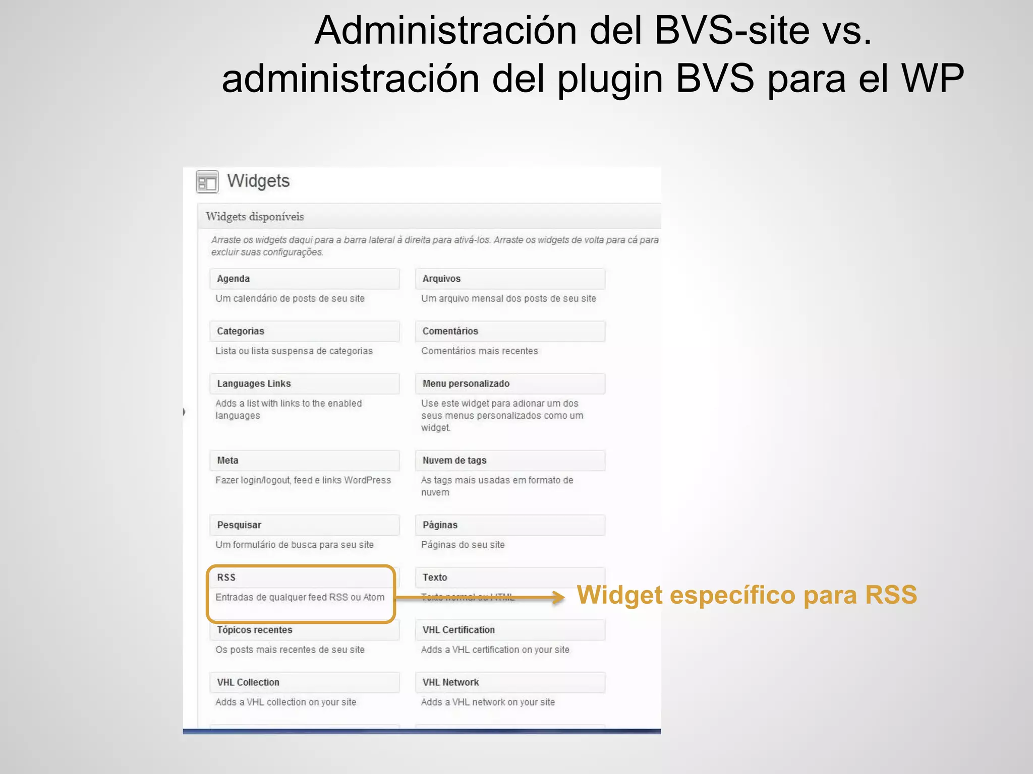Administración del BVS-site vs. administración del plugin BVS para el WP 
Widget específico para RSS  