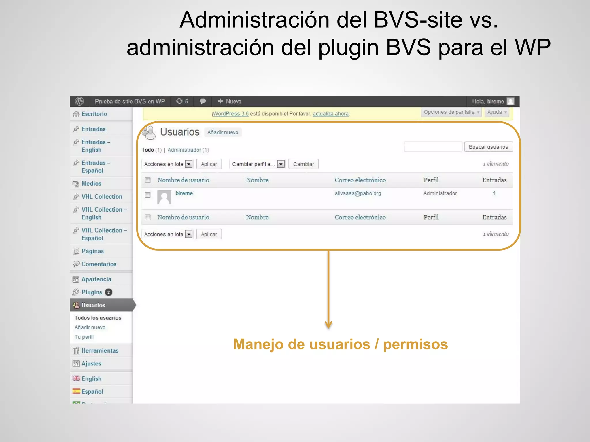 Administración del BVS-site vs. administración del plugin BVS para el WP 
Manejo de usuarios / permisos  