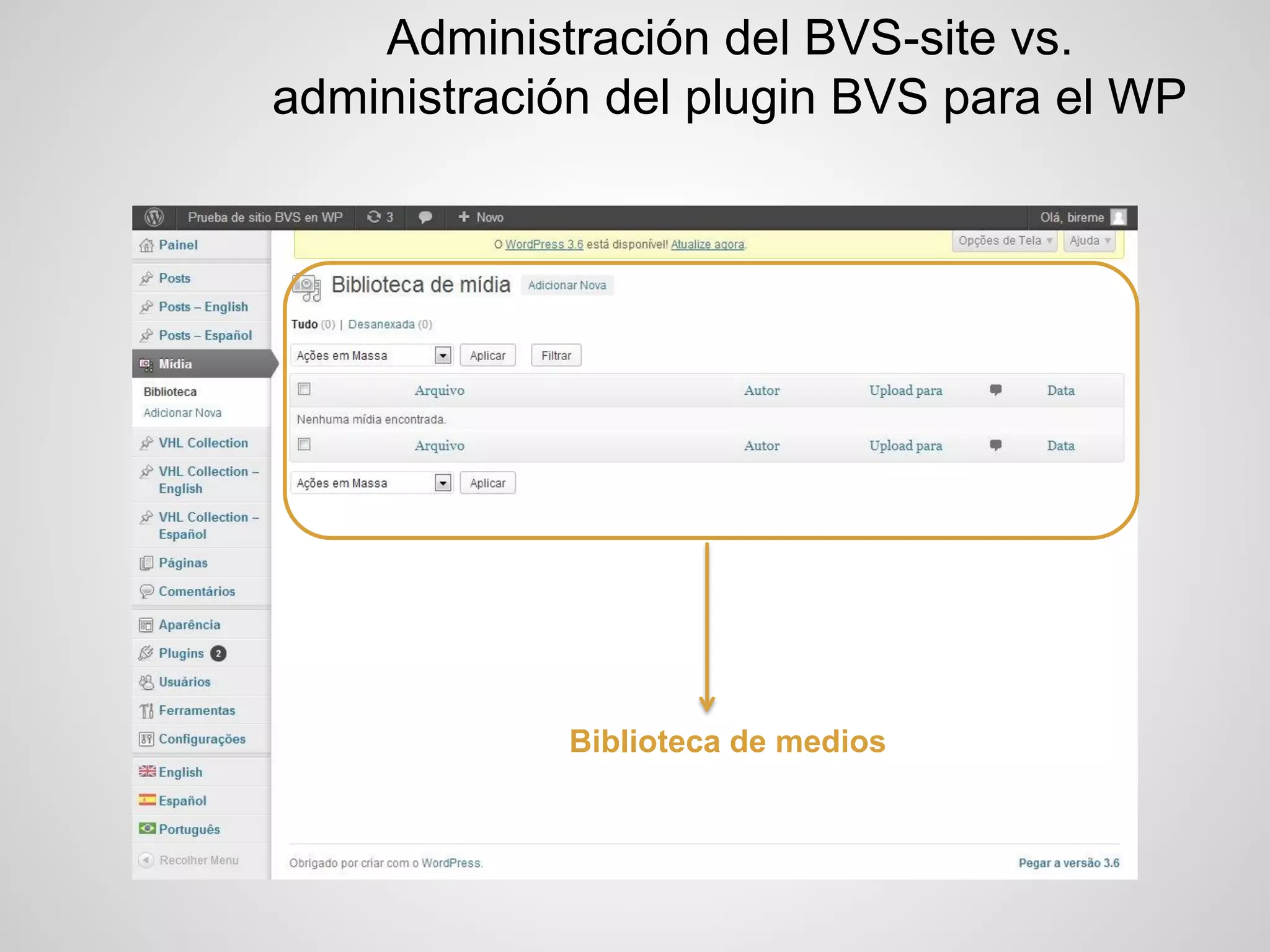Administración del BVS-site vs. administración del plugin BVS para el WP 
Biblioteca de medios  