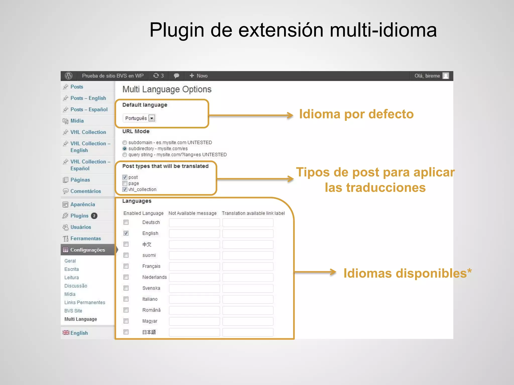 Plugin de extensión multi-idioma 
Idioma por defecto 
Tipos de post para aplicar las traducciones 
Idiomas disponibles*  