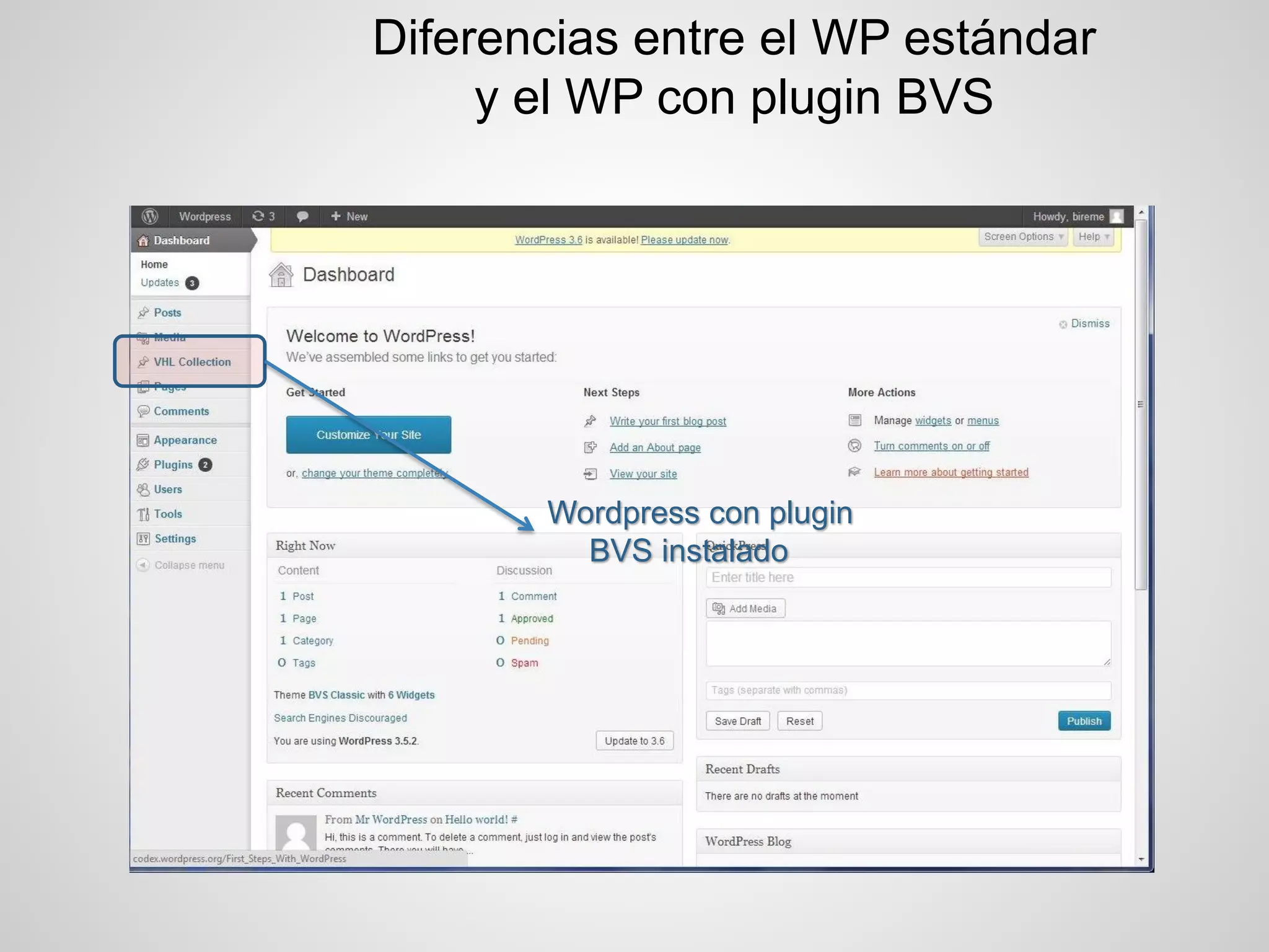 Diferencias entre el WP estándar y el WP con plugin BVS 
Wordpress con plugin 
BVS instalado  