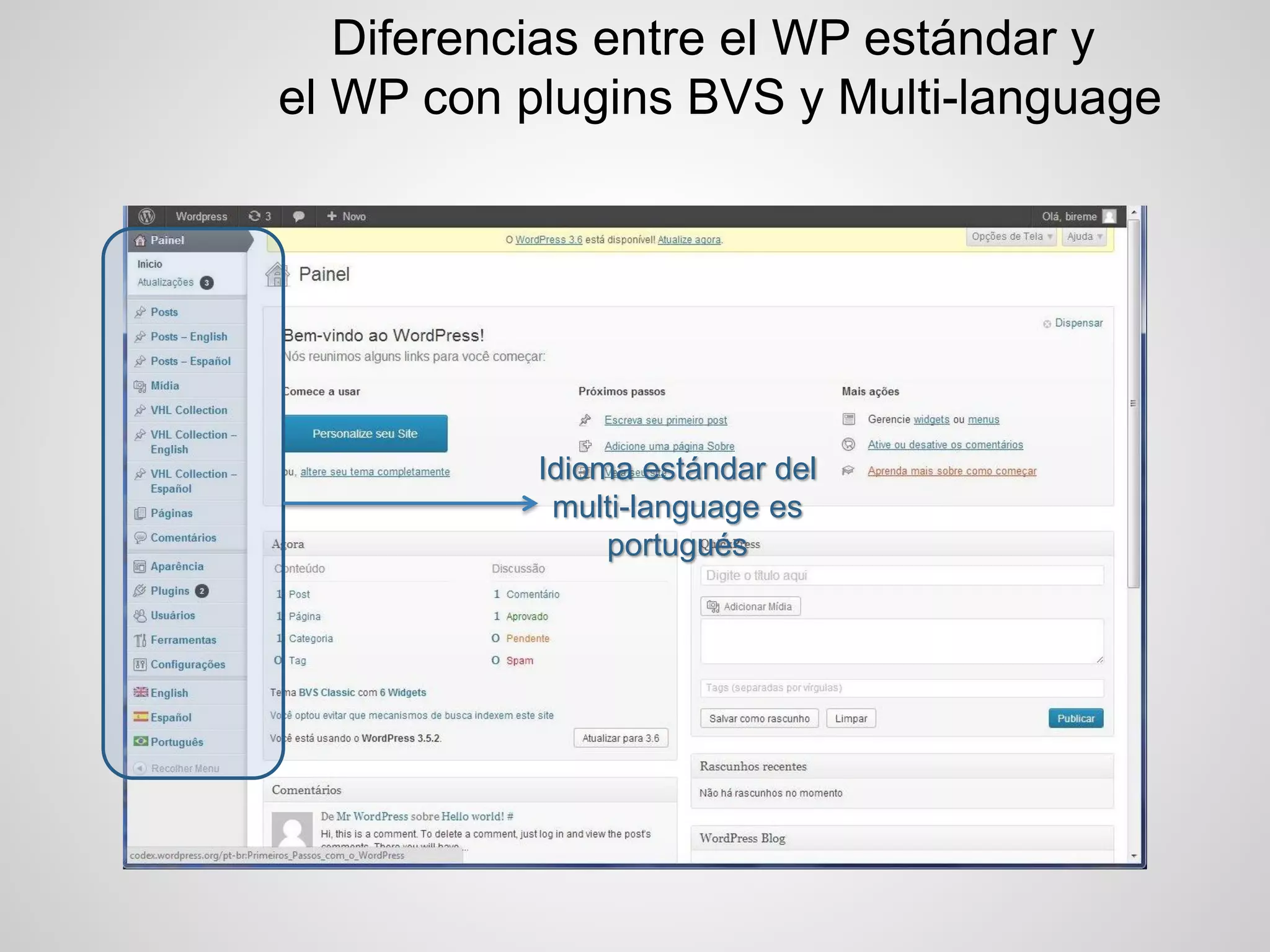 Diferencias entre el WP estándar y el WP con plugins BVS y Multi-language 
Idioma estándar del multi-language es portugués  