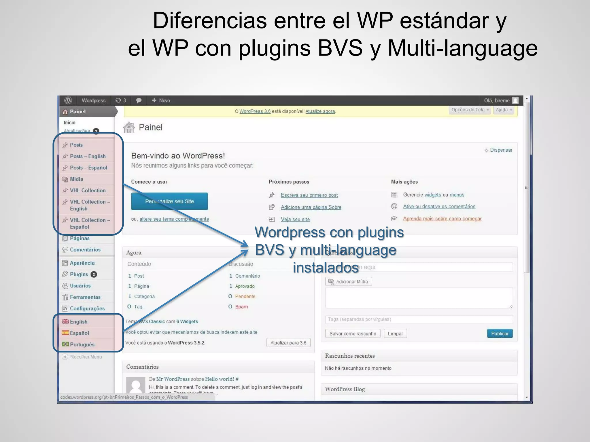 Diferencias entre el WP estándar y el WP con plugins BVS y Multi-language 
Wordpress con plugins 
BVS y multi-language instalados  