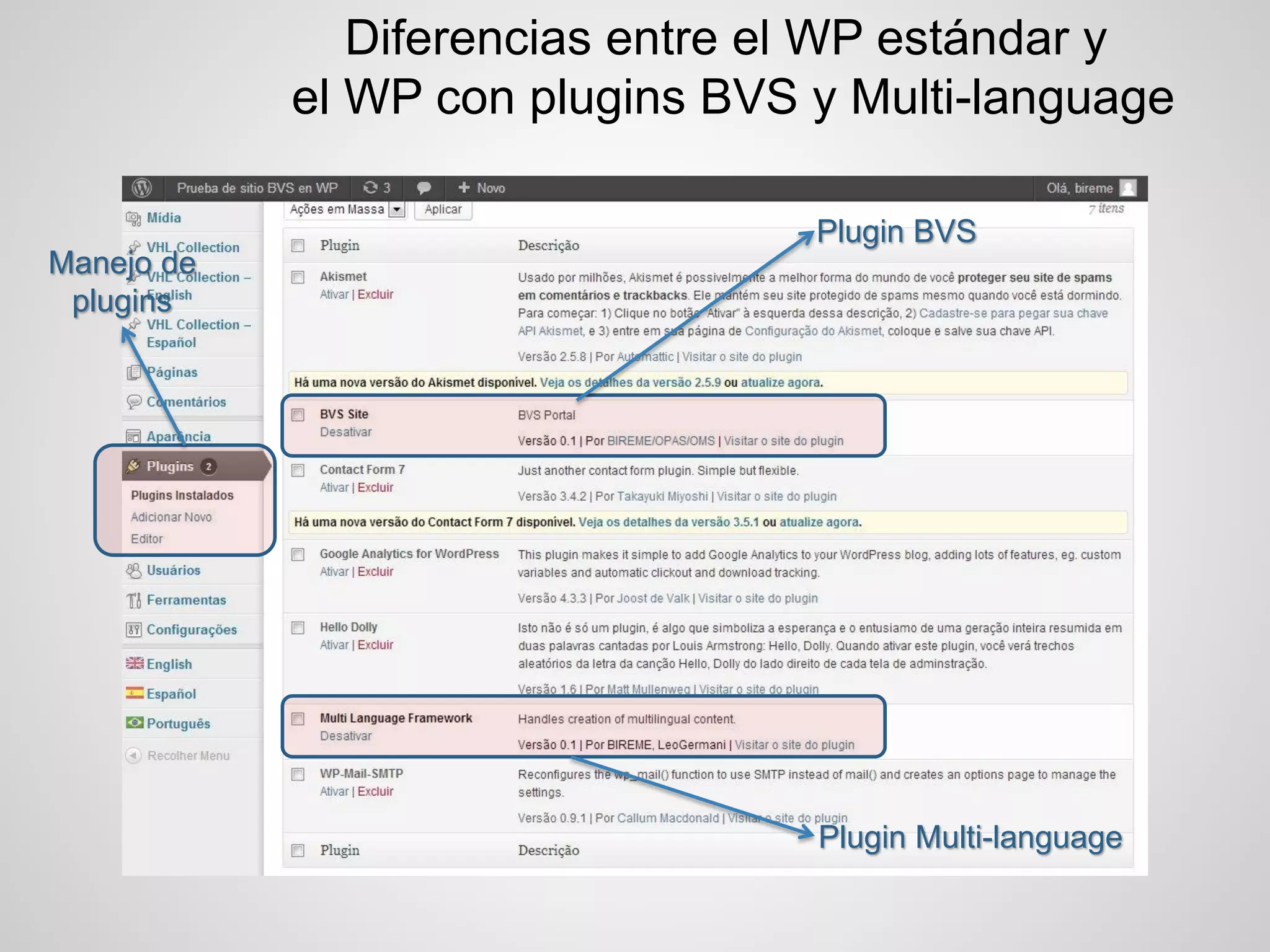 Diferencias entre el WP estándar y el WP con plugins BVS y Multi-language 
Manejo de plugins 
Plugin BVS 
Plugin Multi-language  