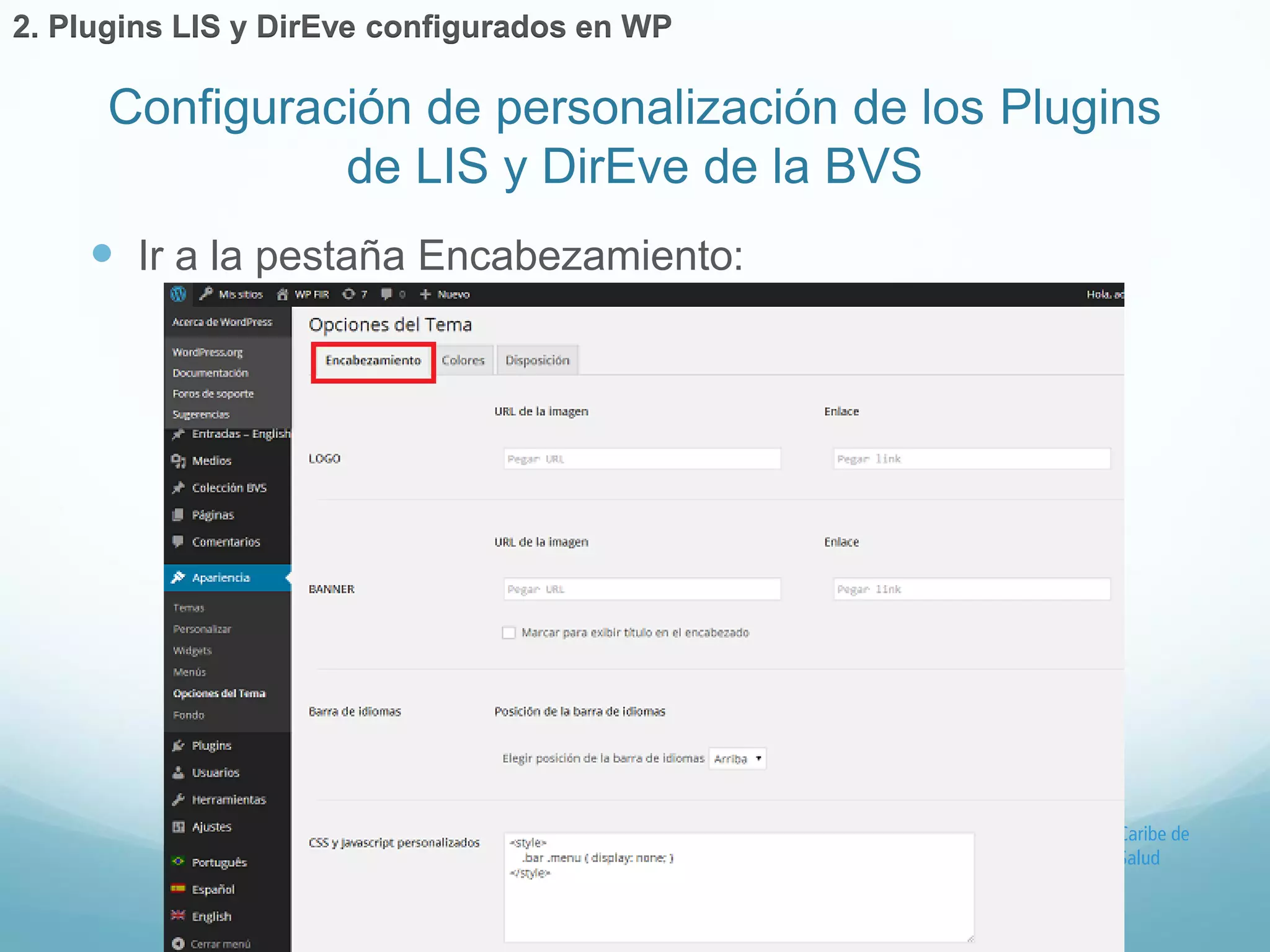 Configuración de personalización de los Plugins 
de LIS y DirEve de la BVS 
2. Plugins LIS y DirEve configurados en WP 
 Ir a la pestaña Encabezamiento: 
 