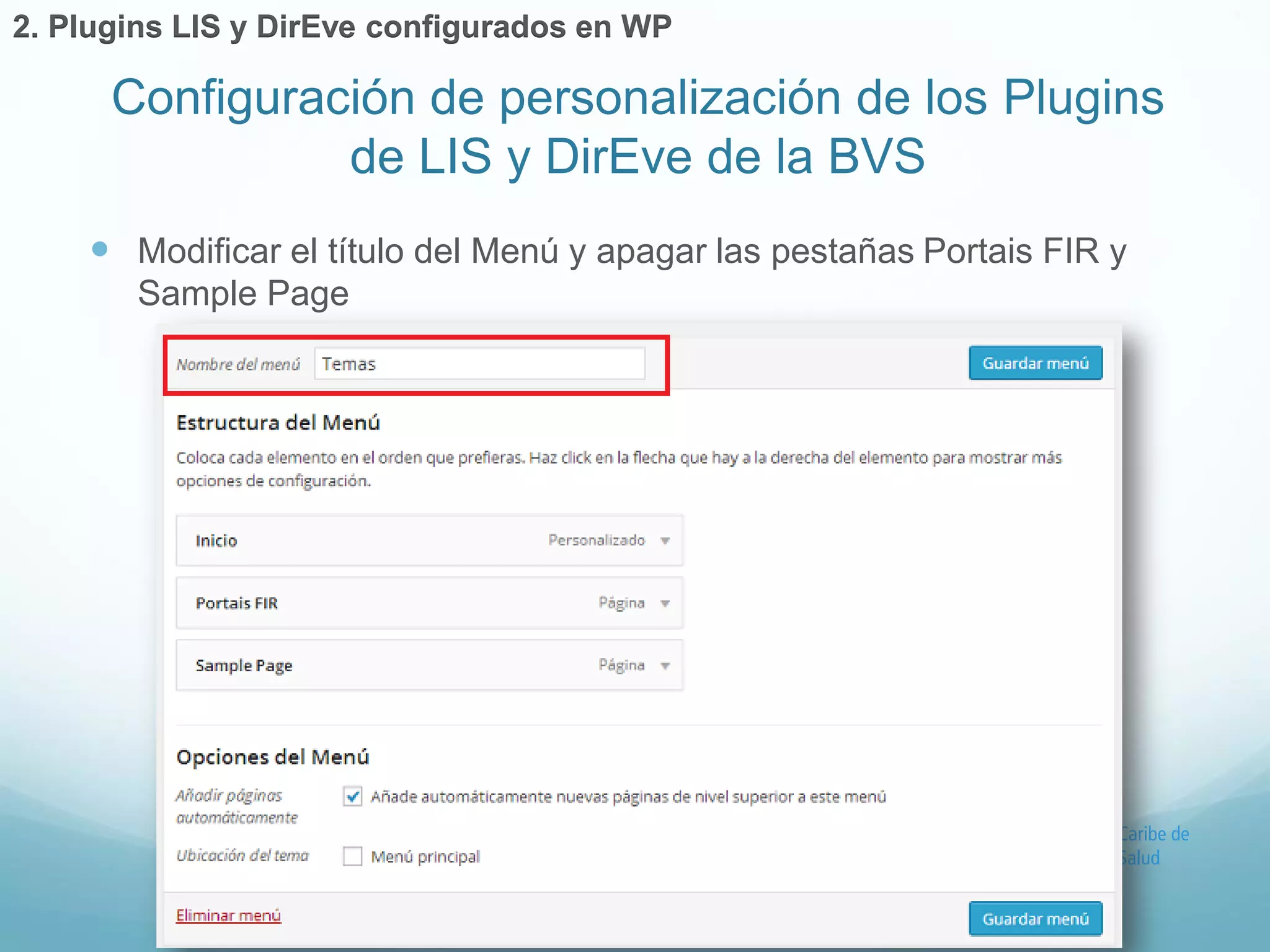  Modificar el título del Menú y apagar las pestañas Portais FIR y 
Sample Page 
Configuración de personalización de los Plugins 
de LIS y DirEve de la BVS 
2. Plugins LIS y DirEve configurados en WP 
 