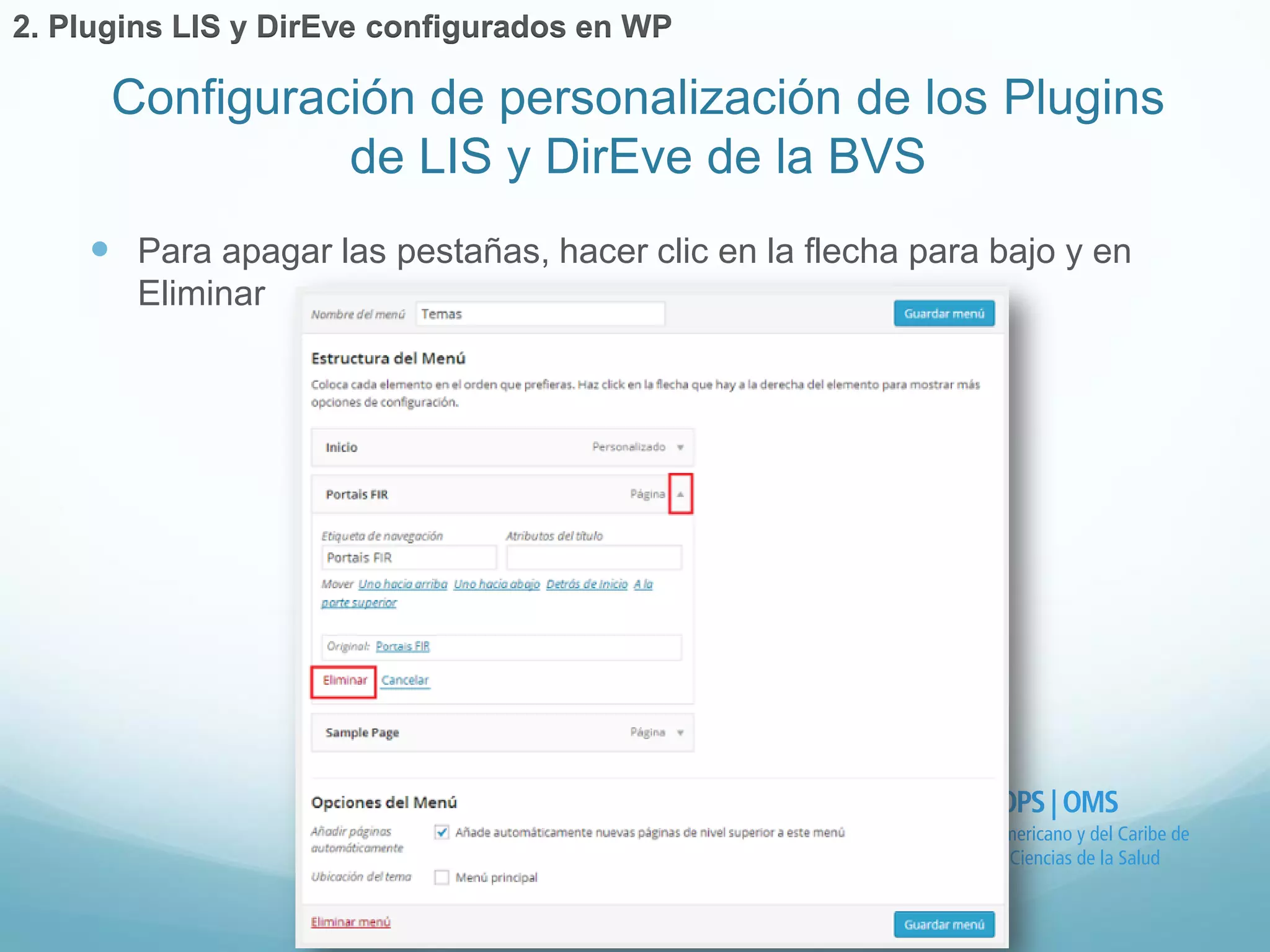  Para apagar las pestañas, hacer clic en la flecha para bajo y en 
Eliminar 
Configuración de personalización de los Plugins 
de LIS y DirEve de la BVS 
2. Plugins LIS y DirEve configurados en WP 
 