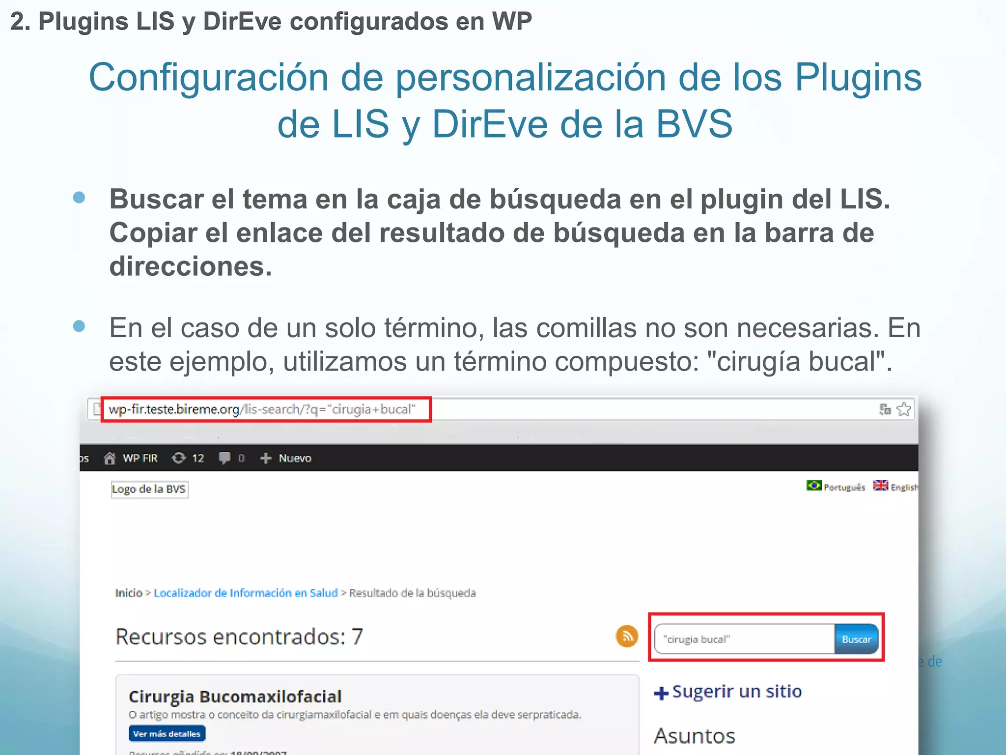  Buscar el tema en la caja de búsqueda en el plugin del LIS. 
Copiar el enlace del resultado de búsqueda en la barra de 
direcciones. 
 En el caso de un solo término, las comillas no son necesarias. En 
este ejemplo, utilizamos un término compuesto: "cirugía bucal". 
Configuración de personalización de los Plugins 
de LIS y DirEve de la BVS 
2. Plugins LIS y DirEve configurados en WP 
 