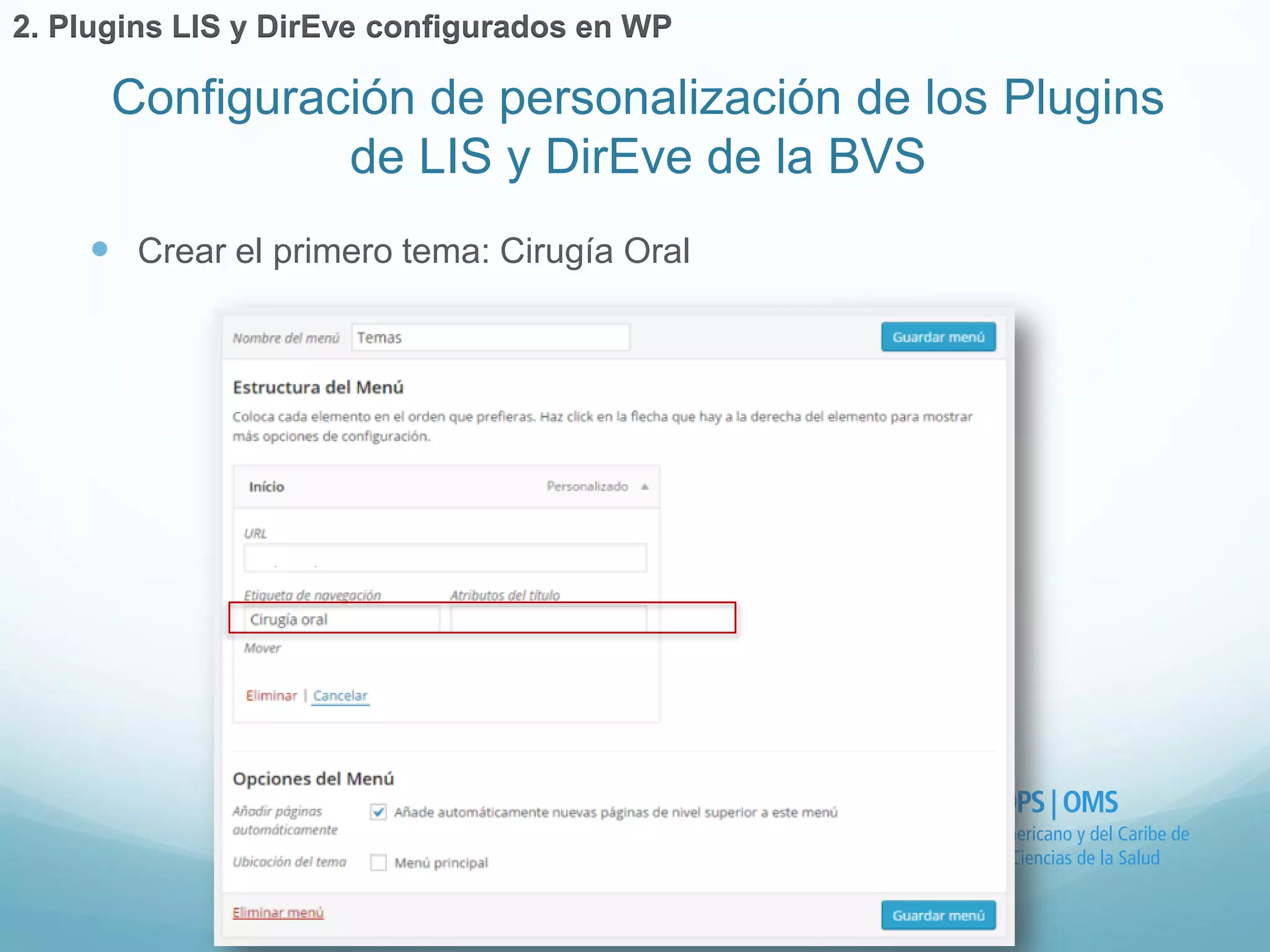  Crear el primero tema: Cirugía Oral 
Configuración de personalización de los Plugins 
de LIS y DirEve de la BVS 
2. Plugins LIS y DirEve configurados en WP 
 