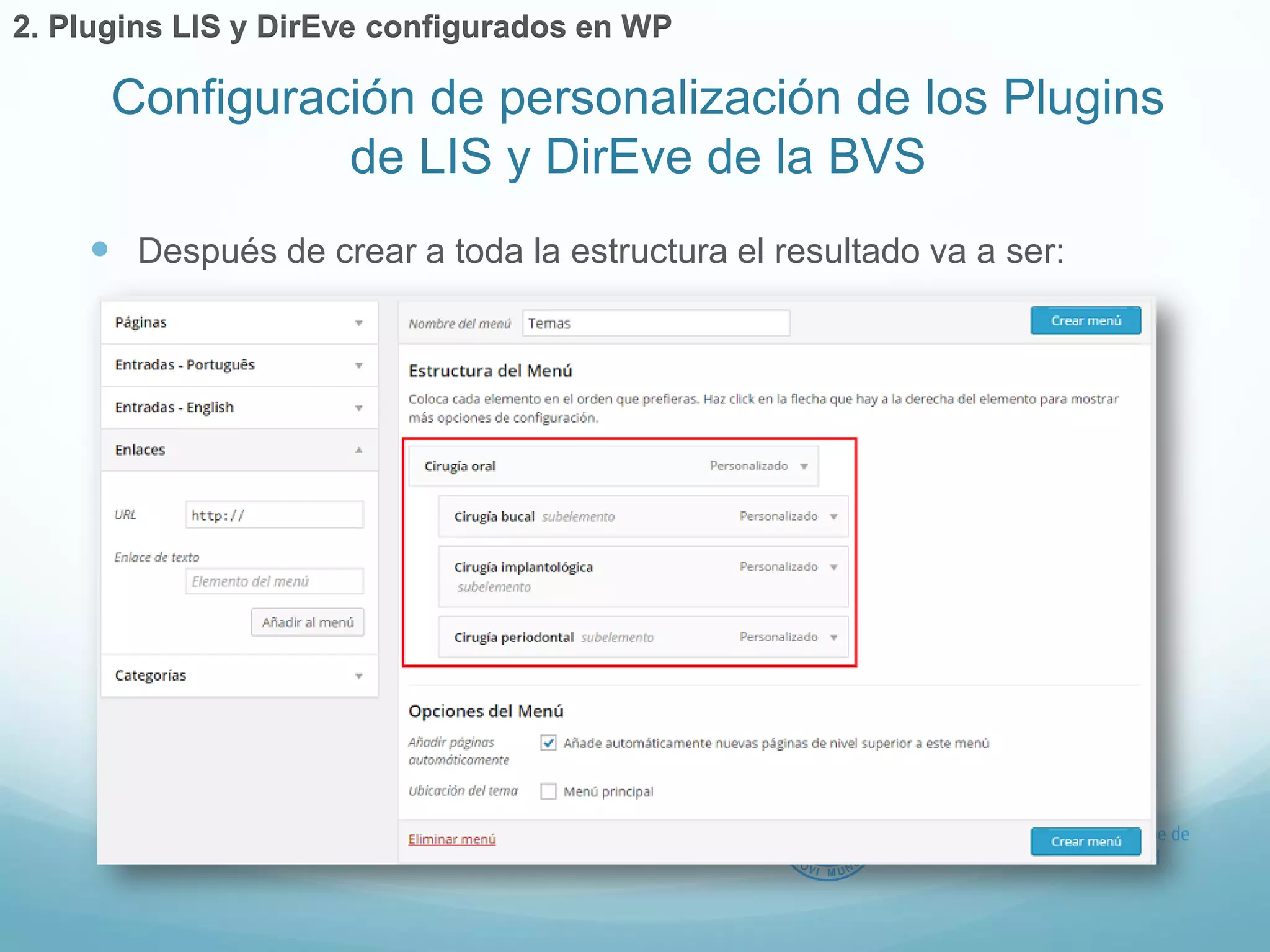  Después de crear a toda la estructura el resultado va a ser: 
Configuración de personalización de los Plugins 
de LIS y DirEve de la BVS 
2. Plugins LIS y DirEve configurados en WP 
 