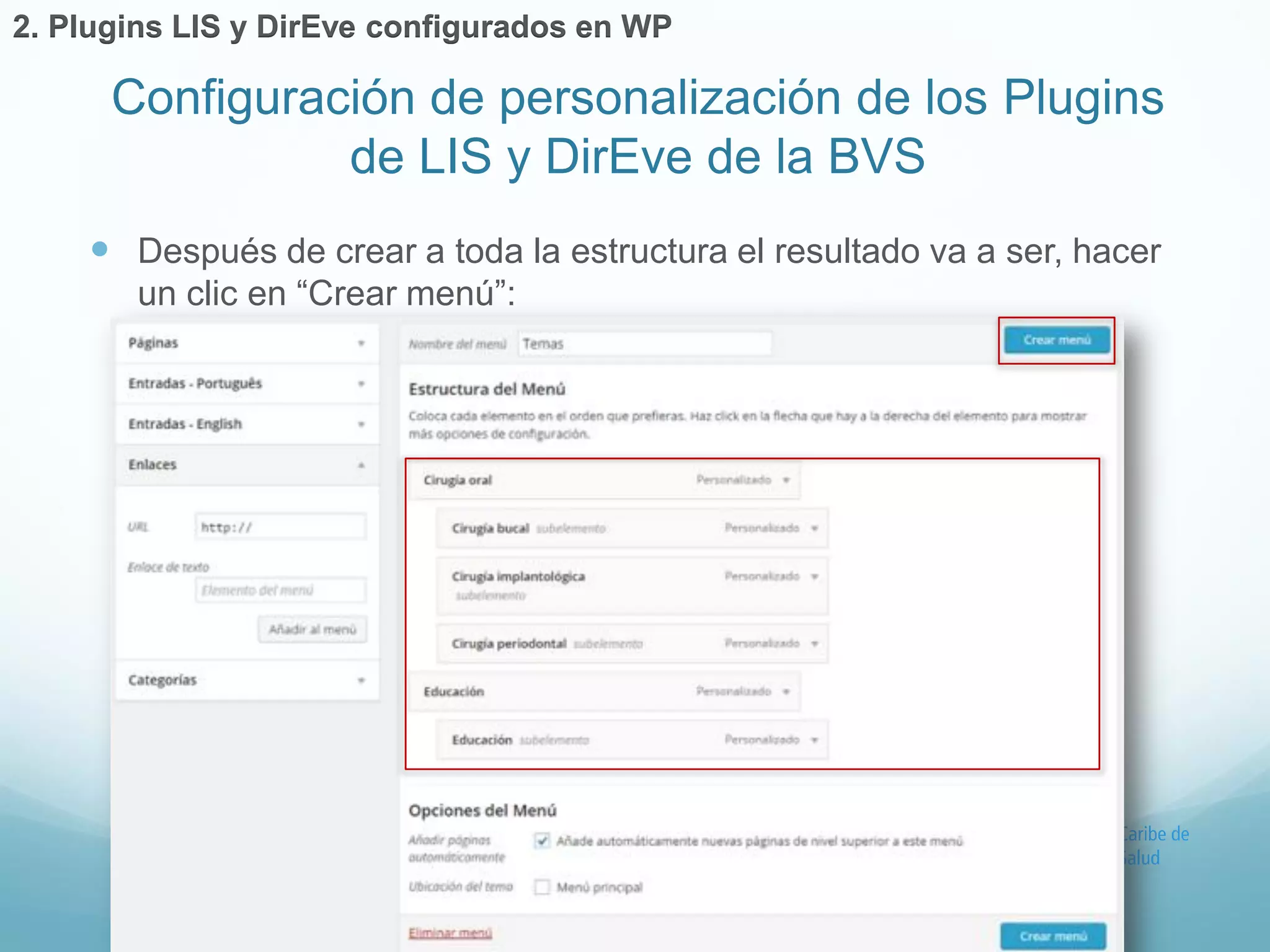  Después de crear a toda la estructura el resultado va a ser, hacer 
un clic en “Crear menú”: 
Configuración de personalización de los Plugins 
de LIS y DirEve de la BVS 
2. Plugins LIS y DirEve configurados en WP 
 