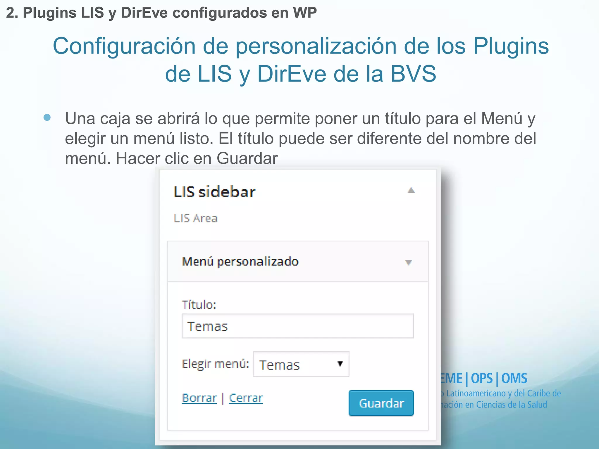  Una caja se abrirá lo que permite poner un título para el Menú y 
elegir un menú listo. El título puede ser diferente del nombre del 
menú. Hacer clic en Guardar 
Configuración de personalización de los Plugins 
de LIS y DirEve de la BVS 
2. Plugins LIS y DirEve configurados en WP 
 