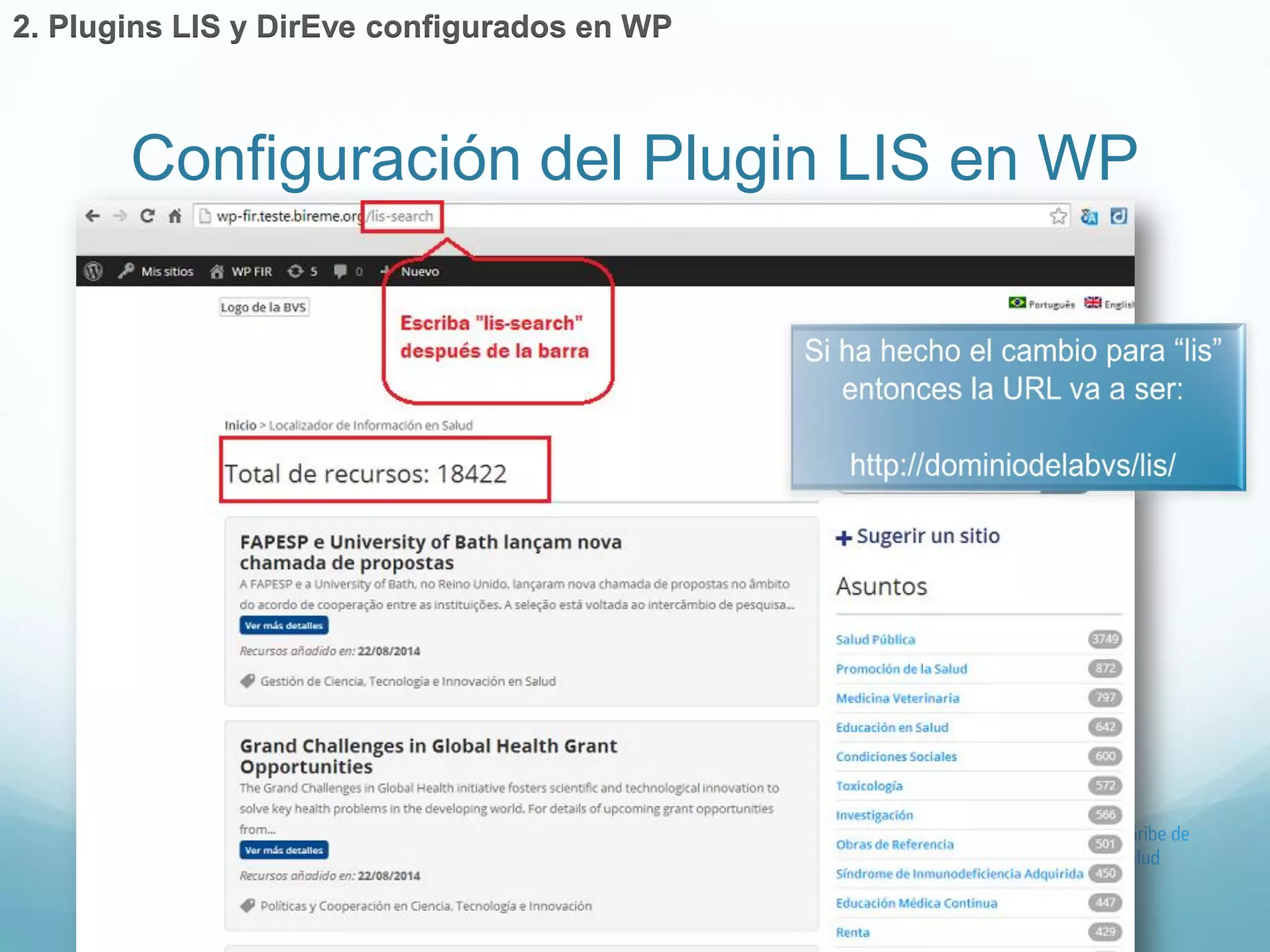 Configuración del Plugin LIS en WP 
2. Plugins LIS y DirEve configurados en WP 
 