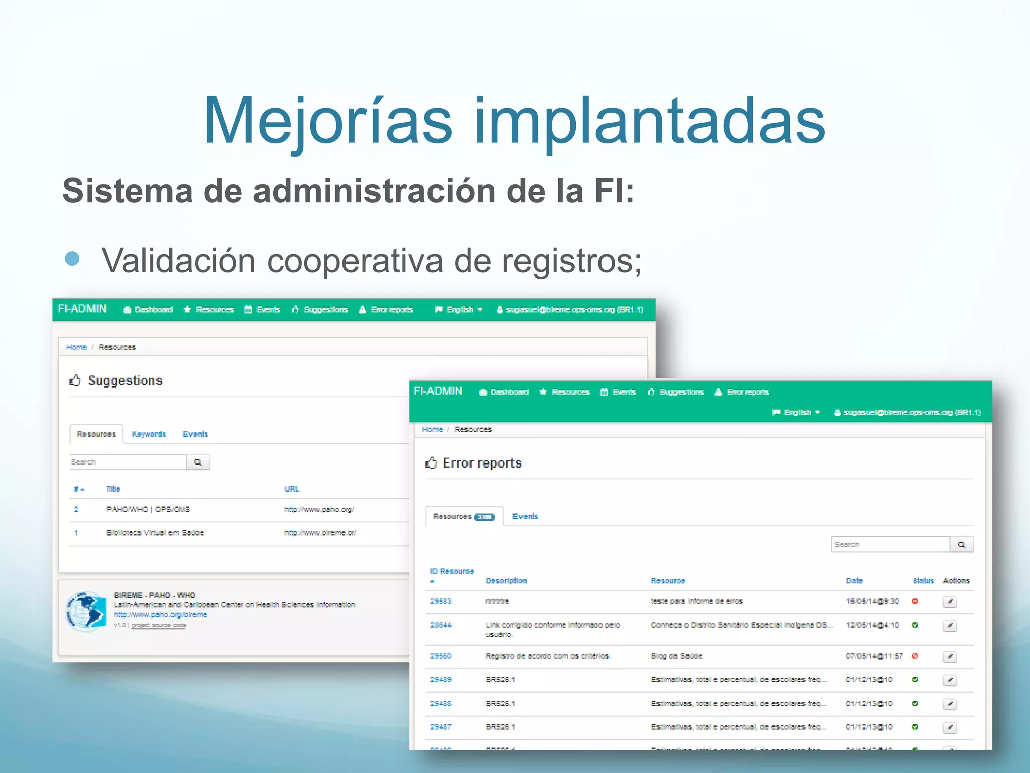 Mejorías implantadas 
Sistema de administración de la FI: 
 Validación cooperativa de registros; 
 
