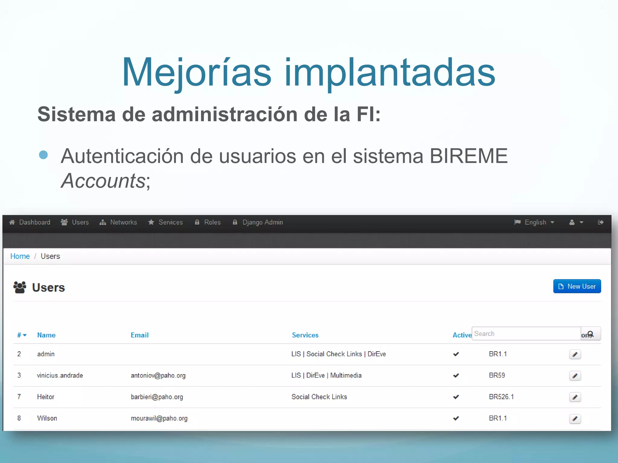 Mejorías implantadas 
Sistema de administración de la FI: 
 Autenticación de usuarios en el sistema BIREME 
Accounts; 
 