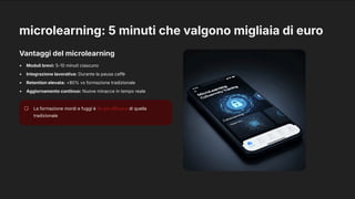 microlearning: 5 minuti che valgono migliaia di euro
Vantaggi del microlearning
Moduli brevi: 5-10 minuti ciascuno
Integrazione lavorativa: Durante la pausa caffè
Retention elevata: +80% vs formazione tradizionale
Aggiornamento continuo: Nuove minacce in tempo reale
La formazione mordi e fuggi è 3x più efficace di quella
tradizionale
 
